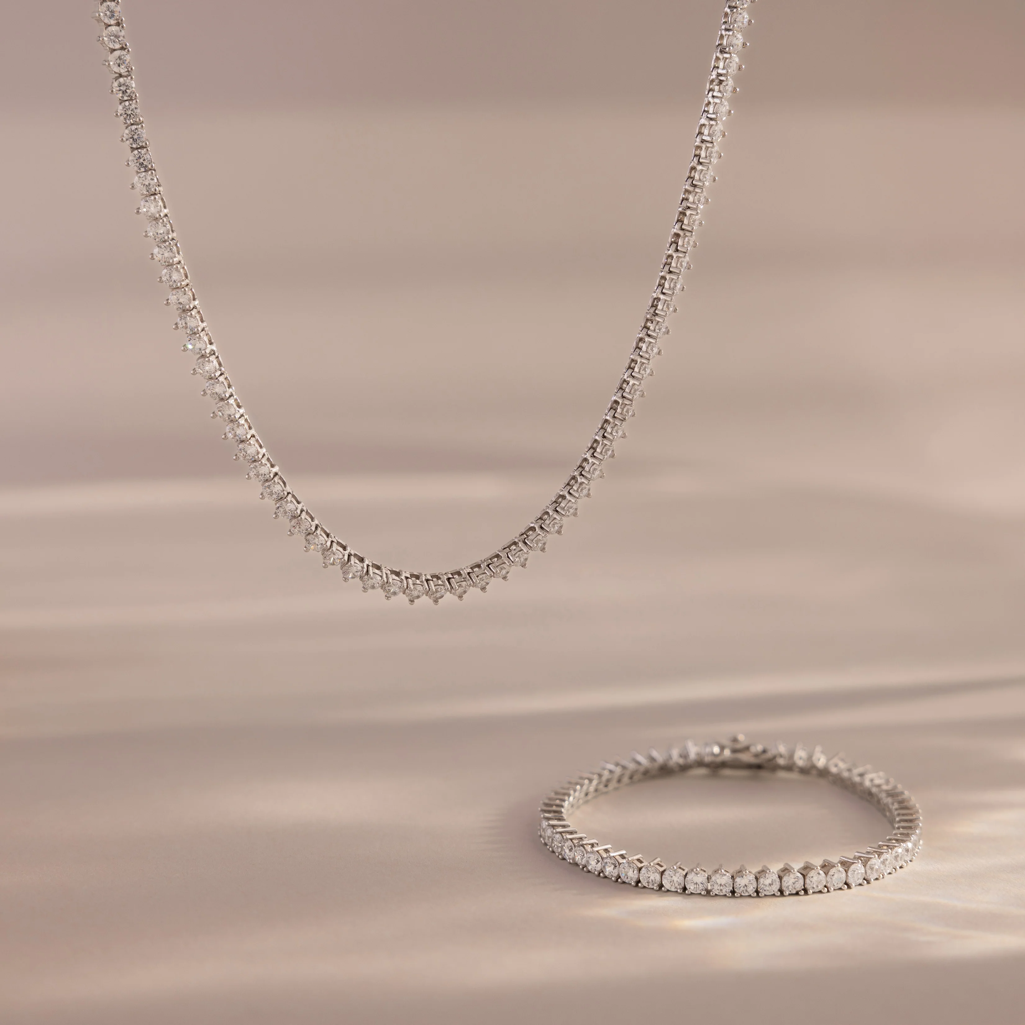 3-Prong Diamond Tennis Necklace & Bracelet Set in Silver