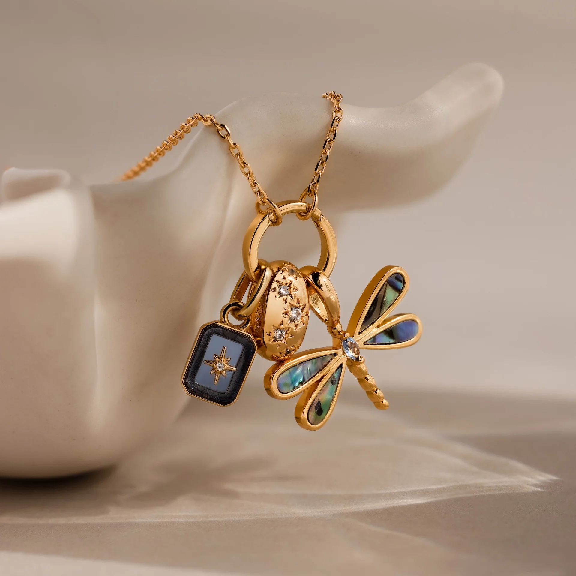 Abalone Dragonfly Charm in 18K Gold - Image 7