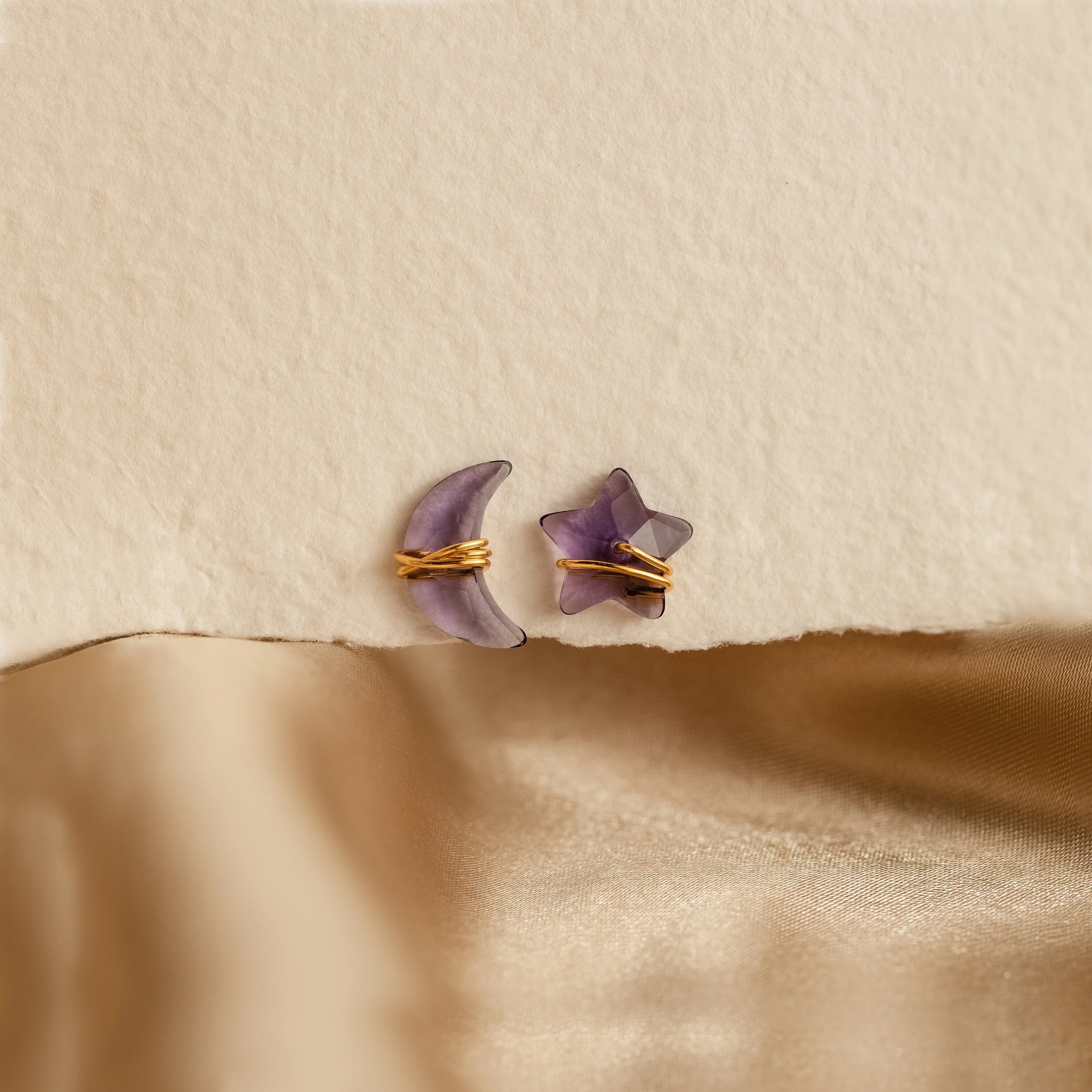 Amethyst Moon & Star Studs in 18K Gold - Image 3