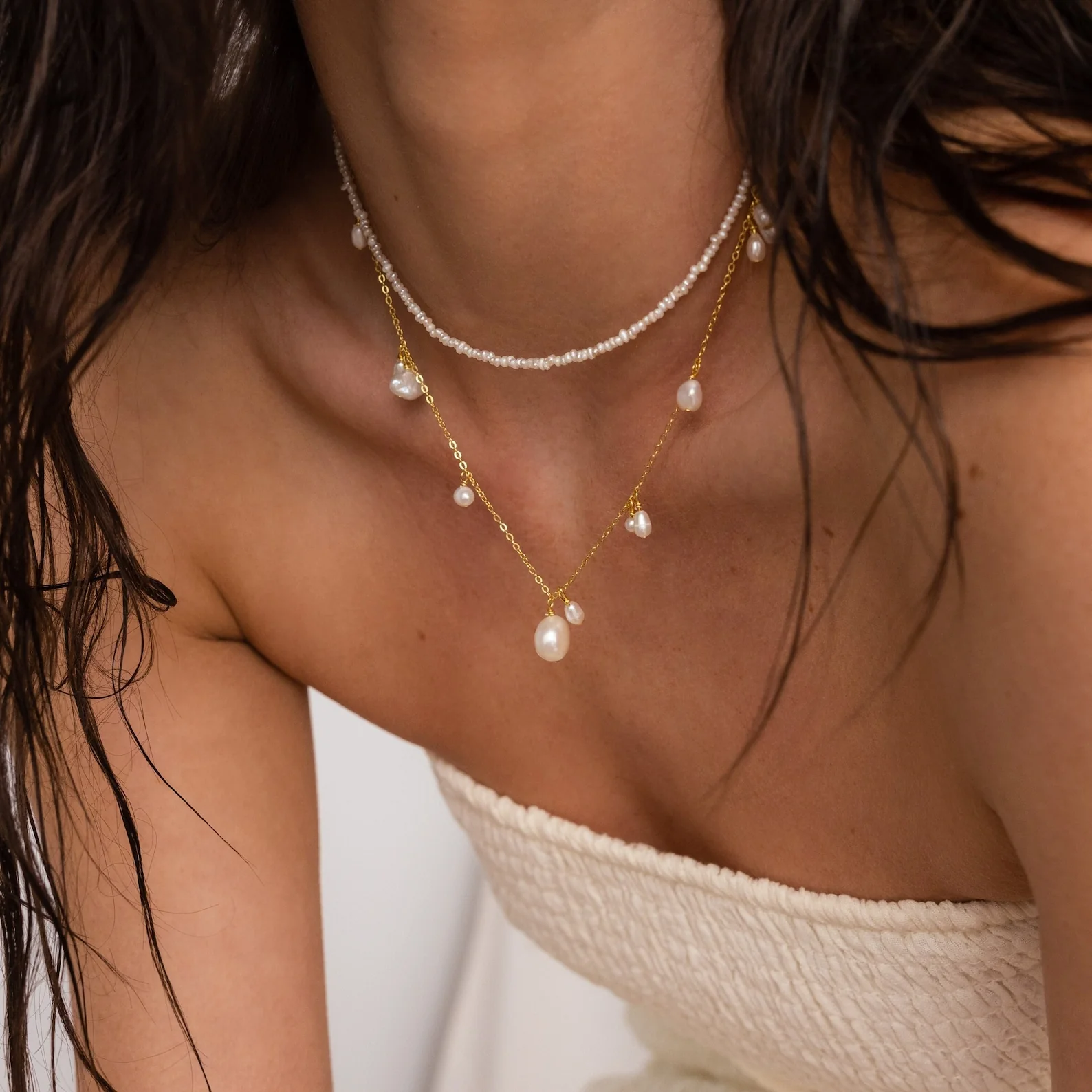 Baroque Pearl Station Necklace in 18K Gold - Image 2