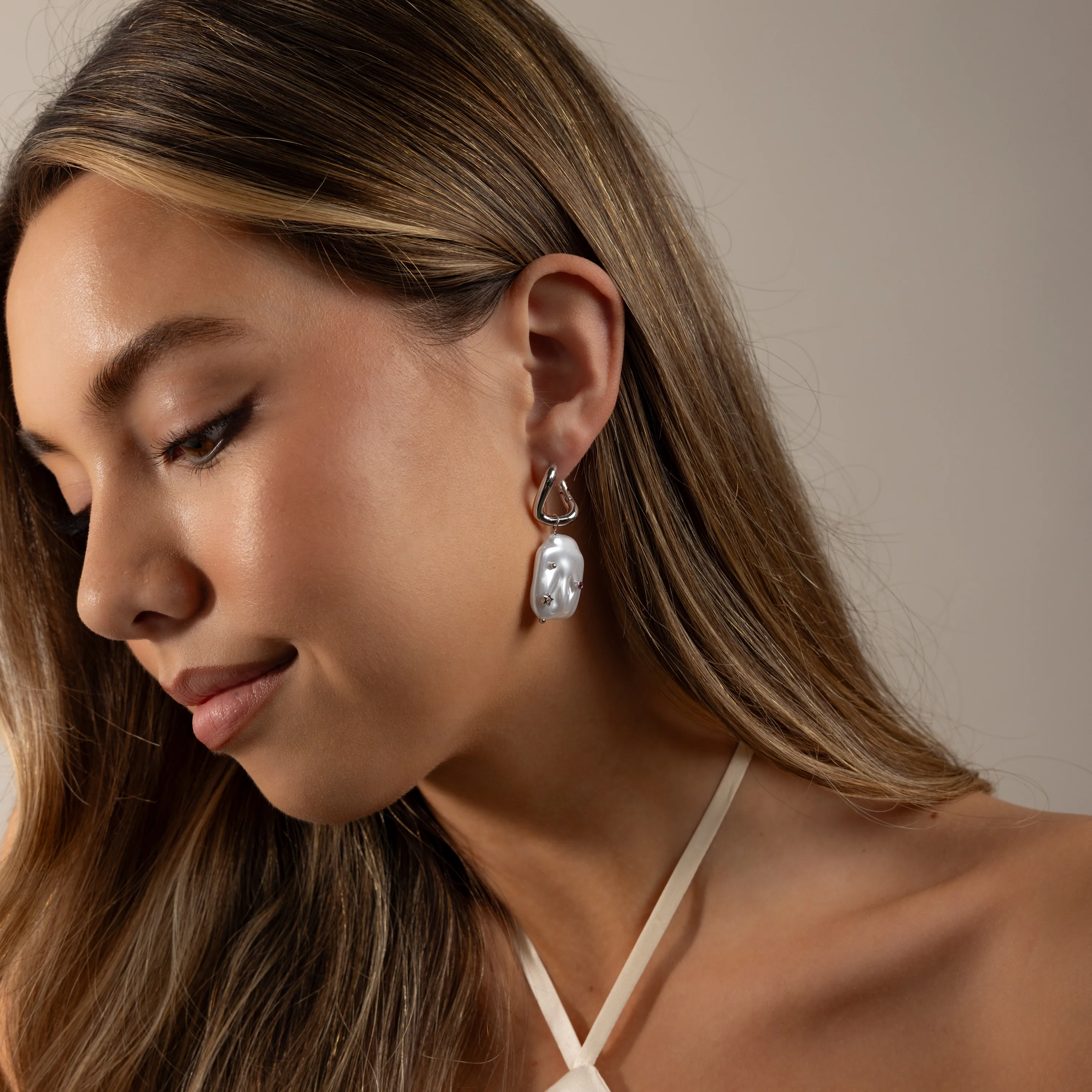 Celestial Baroque Pearl Charm Hoops in Silver - Image 4