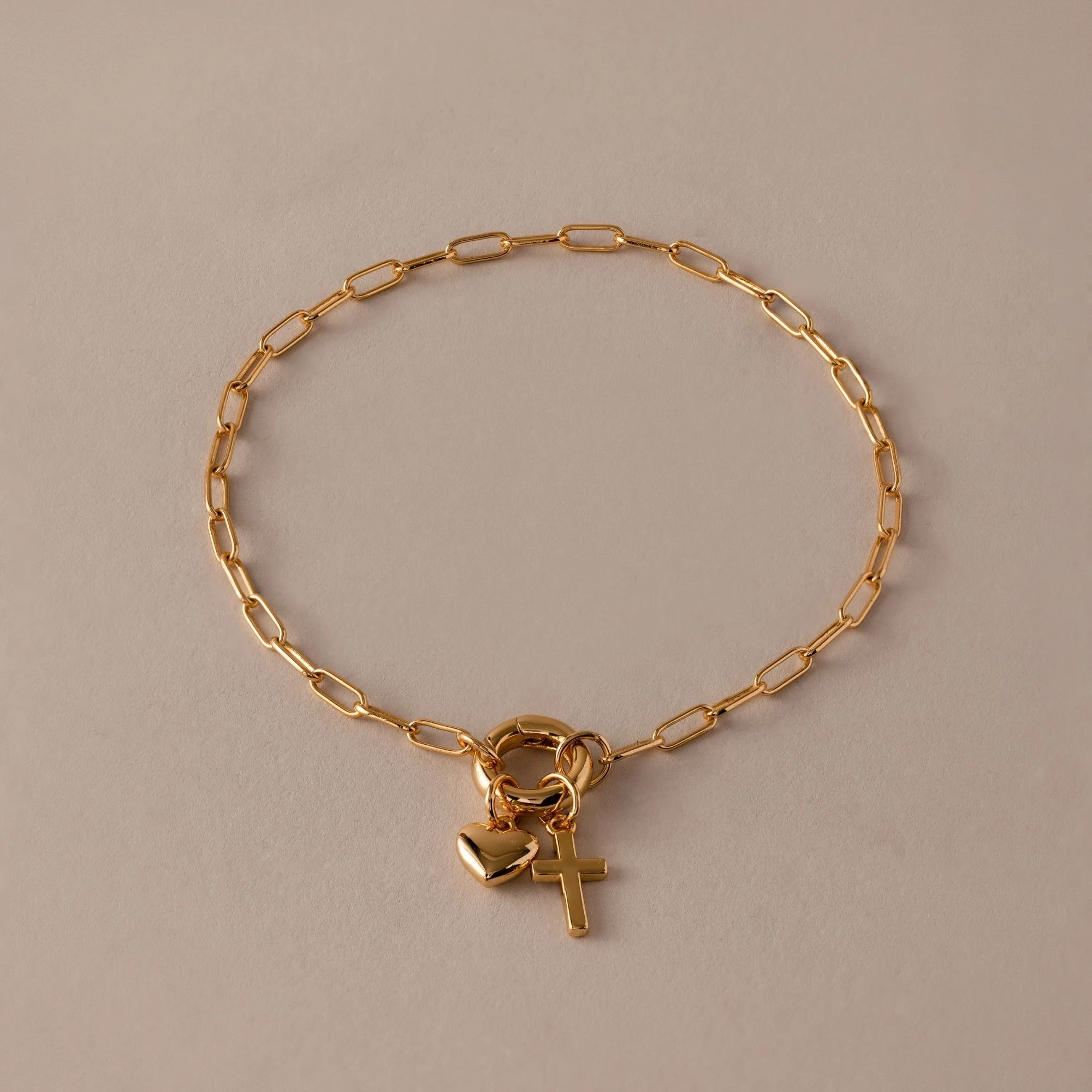 Cross & Heart Charm Bracelet in 18K Gold
