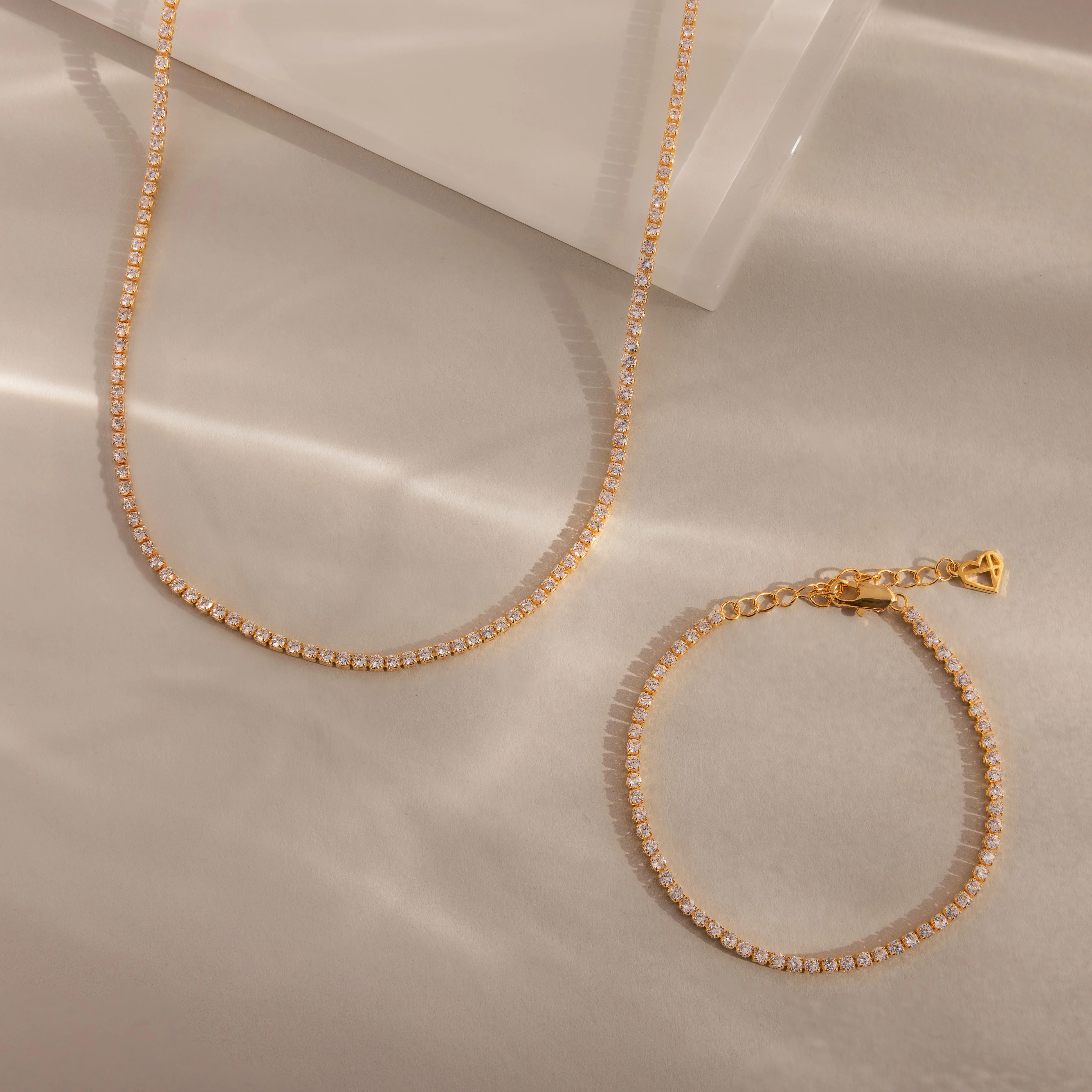 Dainty Diamond Tennis Necklace & Bracelet Set in 18K Gold