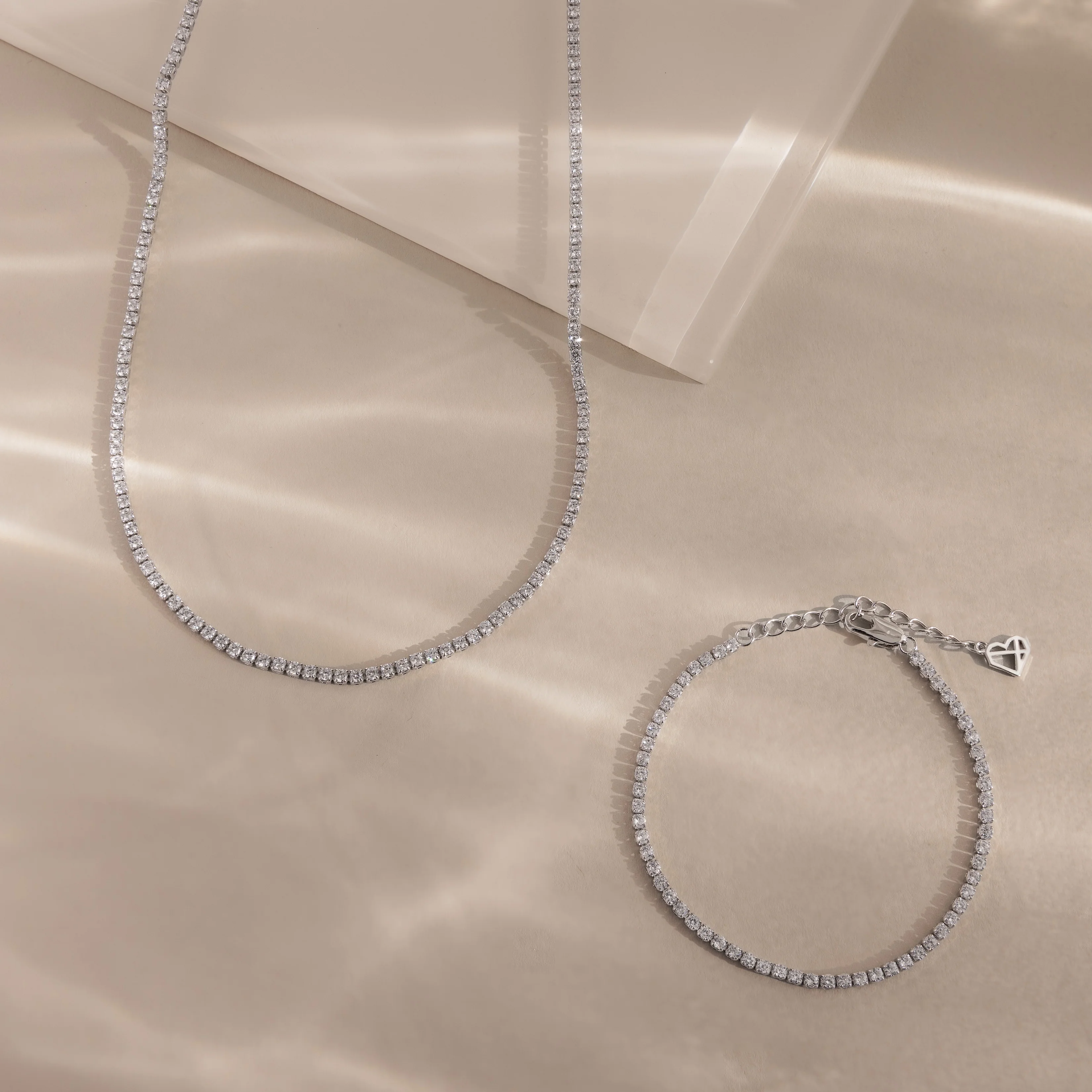 Dainty Diamond Tennis Necklace & Bracelet Set in Silver