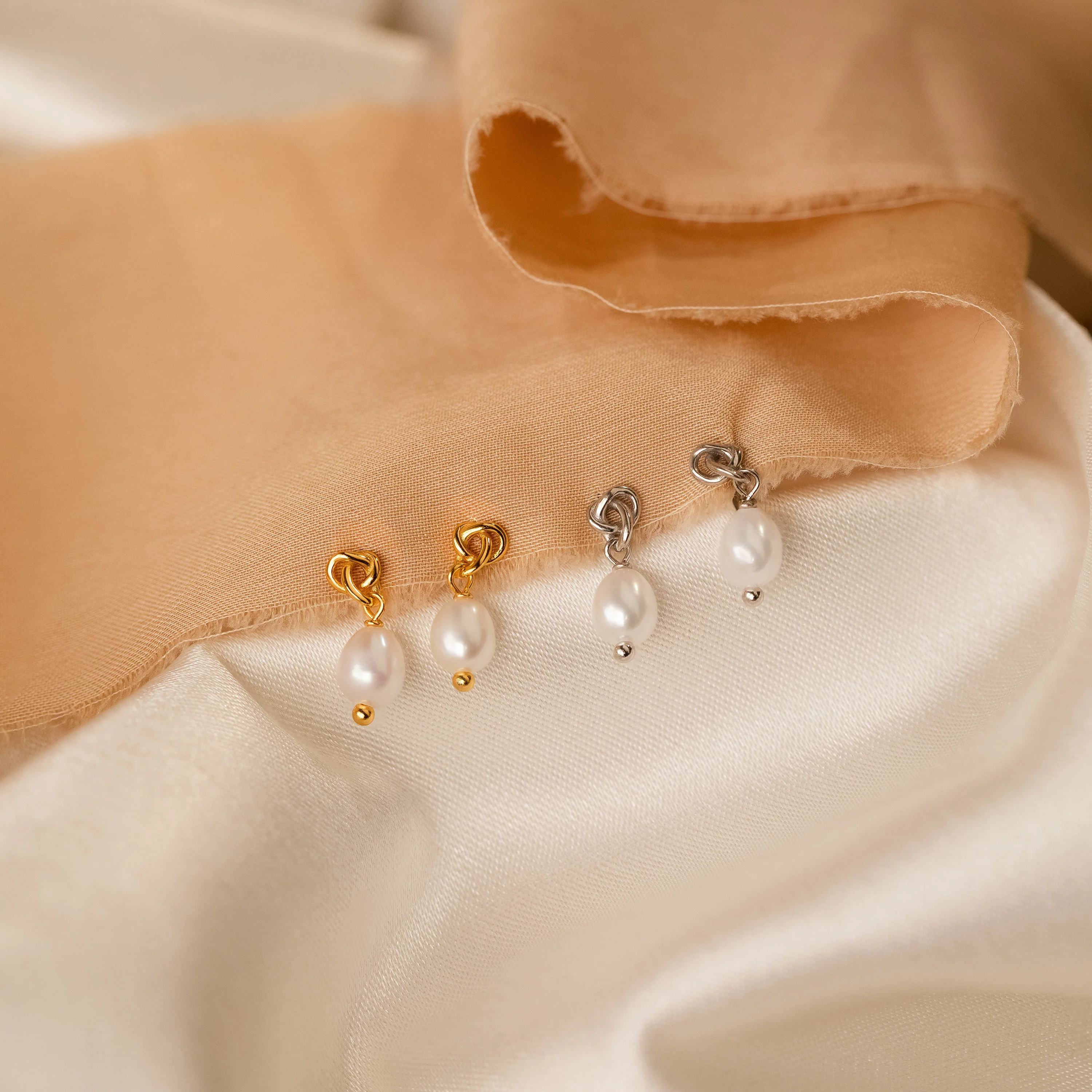 Dainty Knot Pearl Earrings in Silver - Image 3