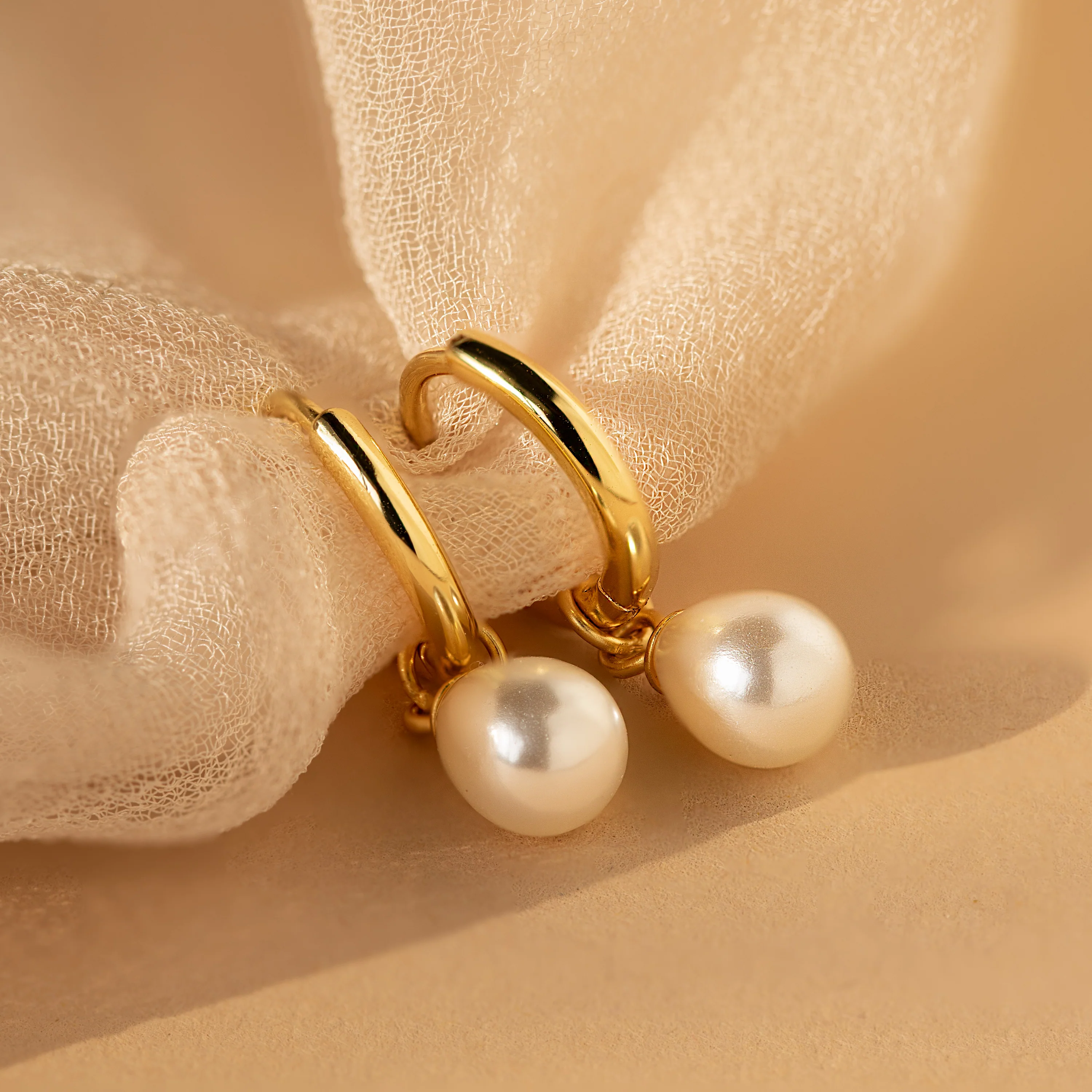 Dainty Pearl Drop Huggies in 18K Gold - Image 3