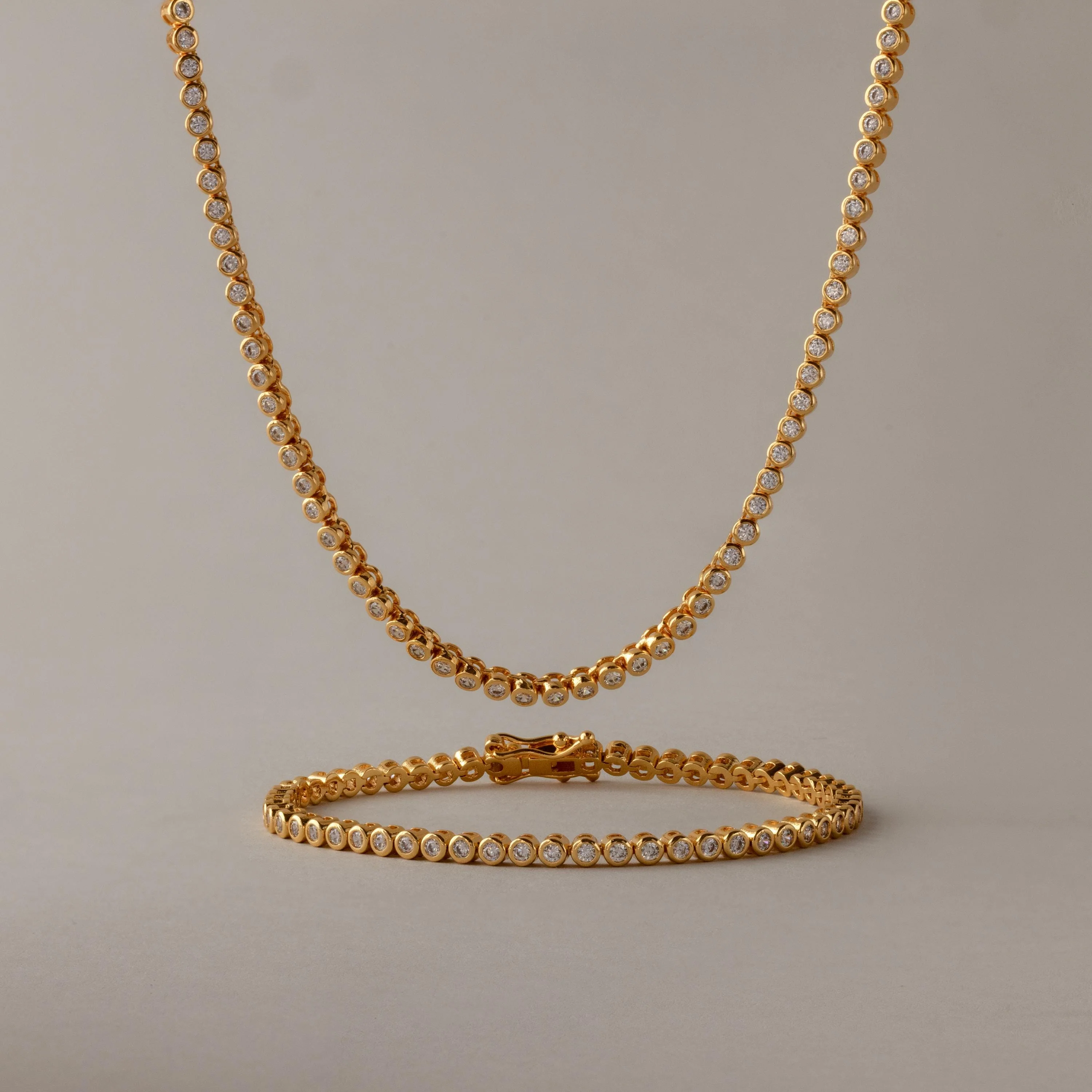 Diamond Bezel Tennis Necklace & Bracelet Set in 18K Gold