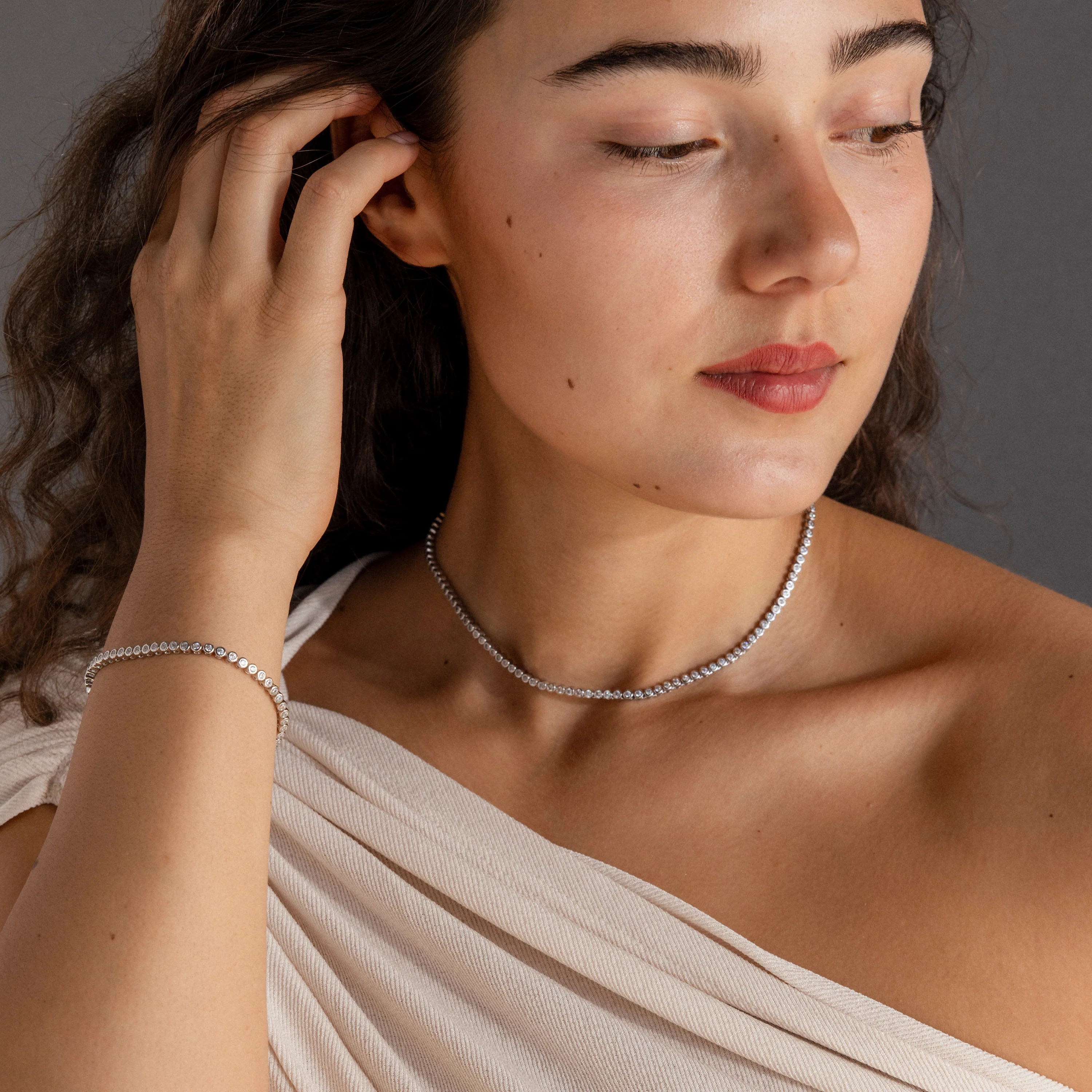 Diamond Bezel Tennis Necklace & Bracelet Set in Silver - Image 7