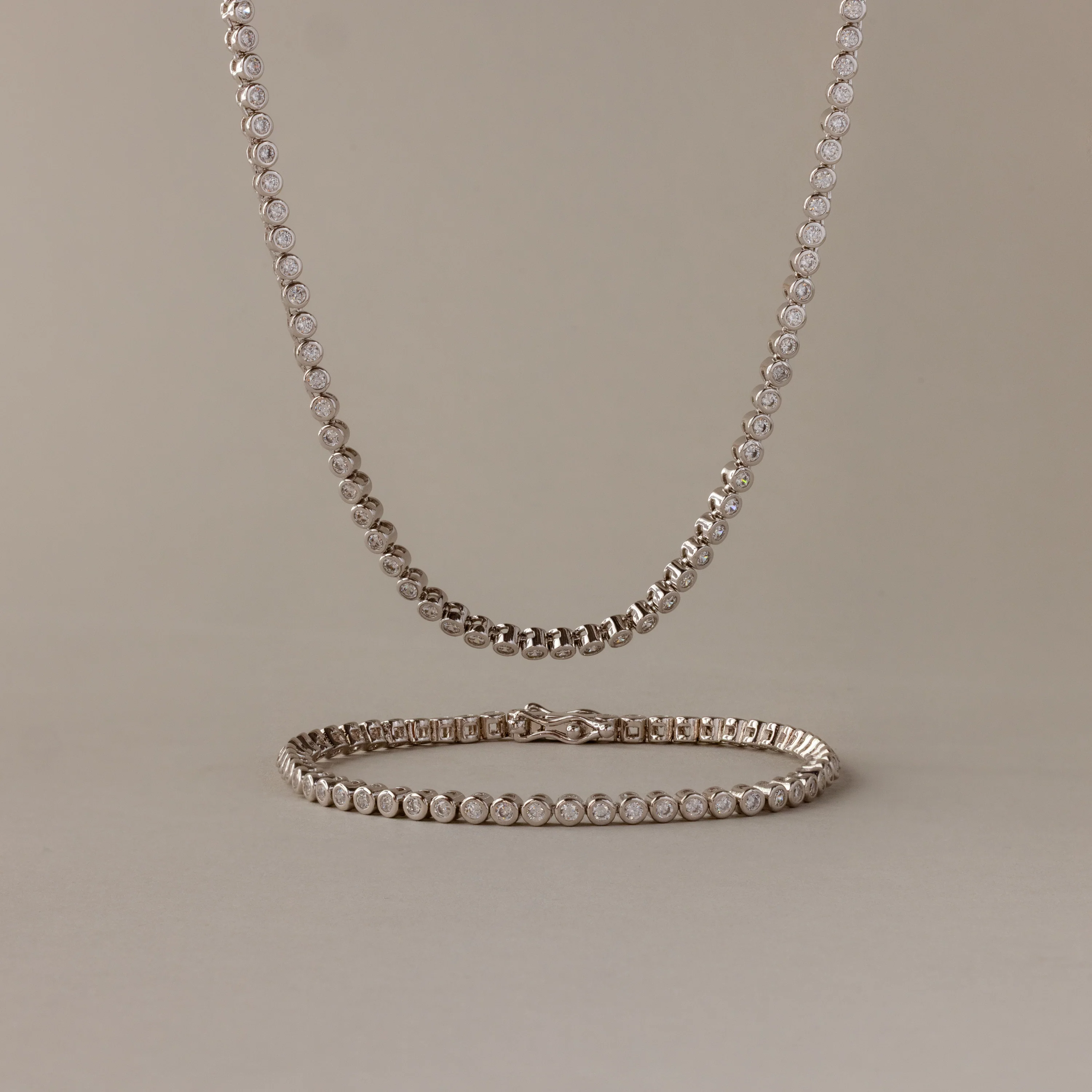 Diamond Bezel Tennis Necklace & Bracelet Set in Silver