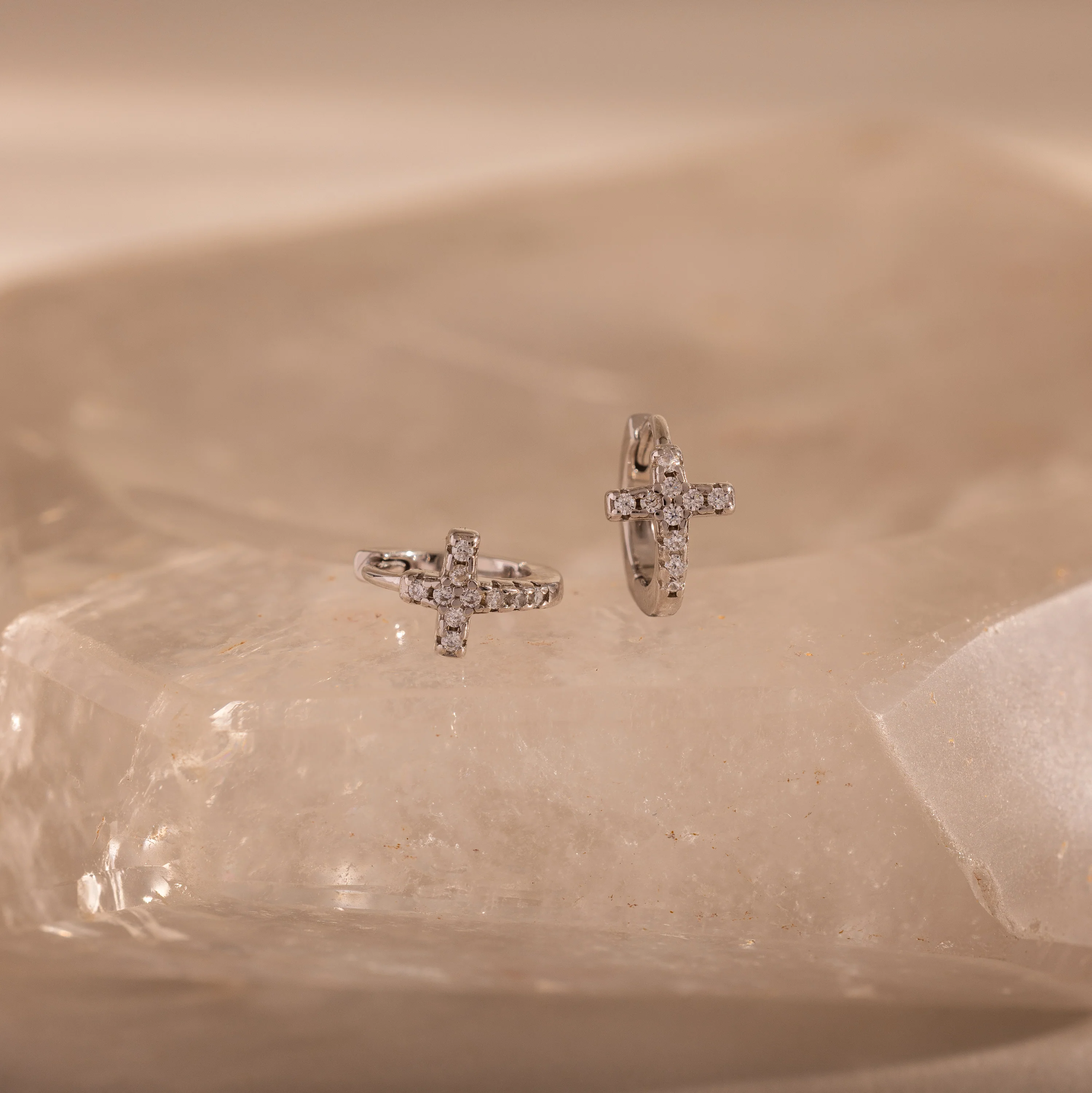 Diamond Cross Huggies in Silver
