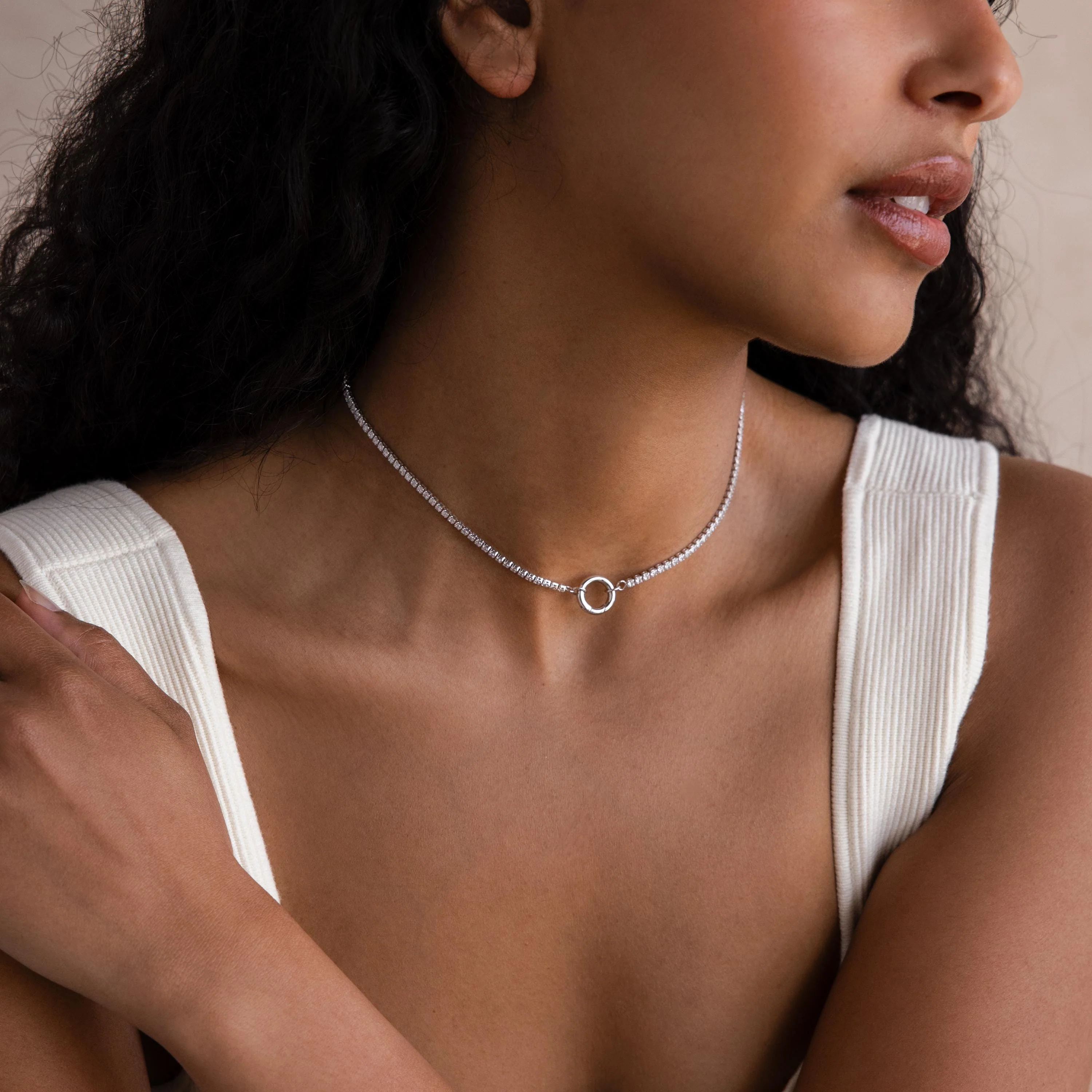 Diamond Tennis Clasp Necklace in Silver