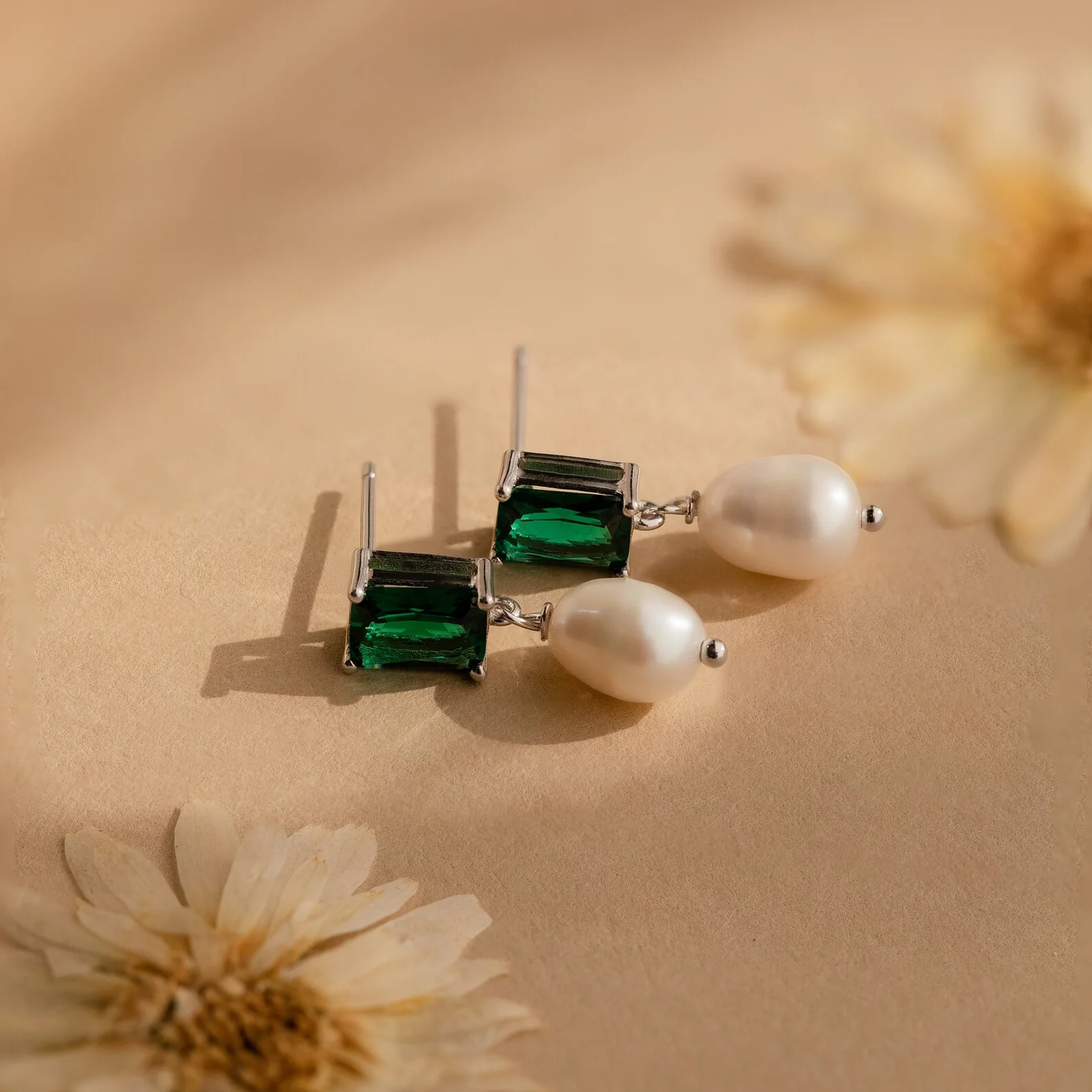 Emerald Pearl Drop Earrings - Image 5