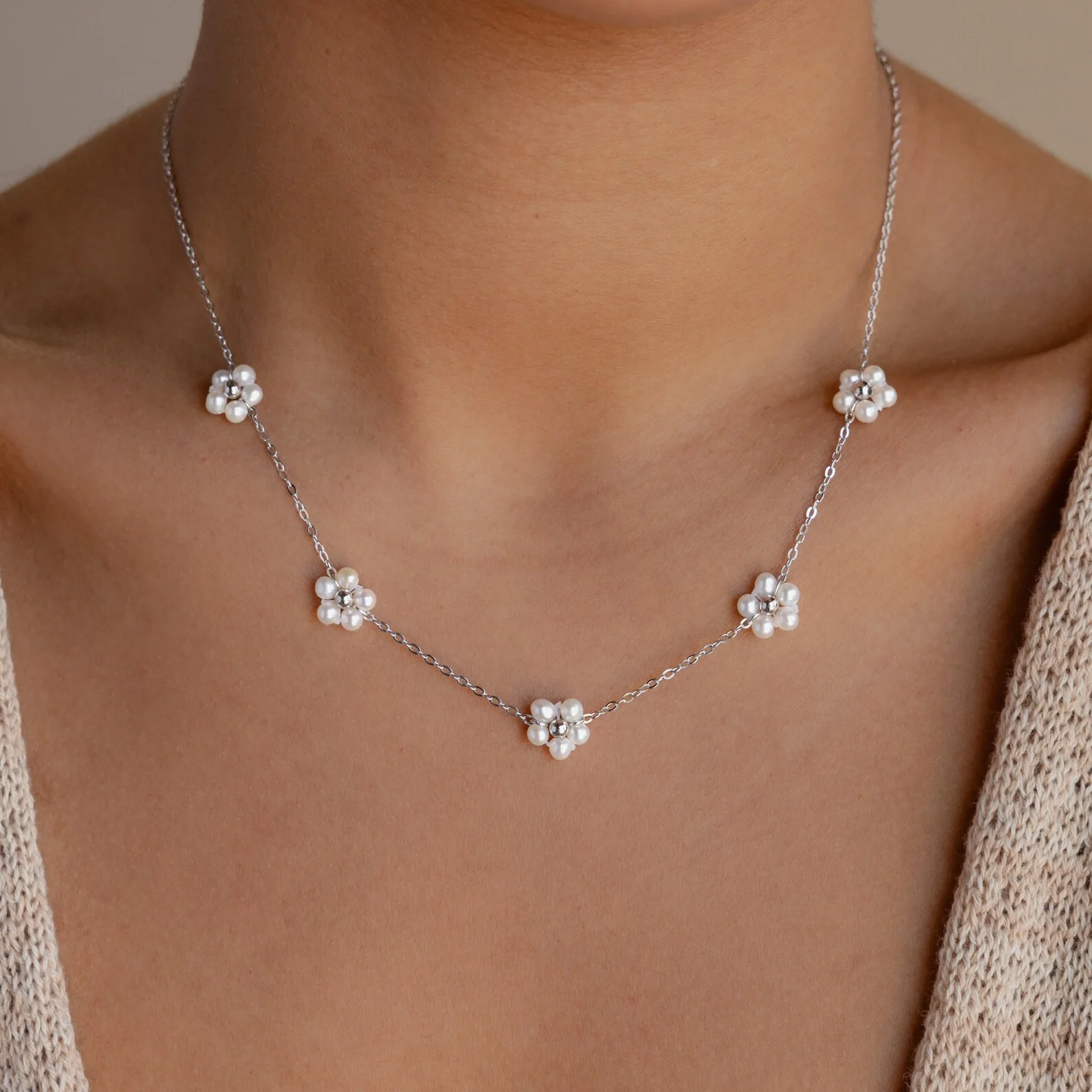 Flower Pearl Station Necklace - Image 5