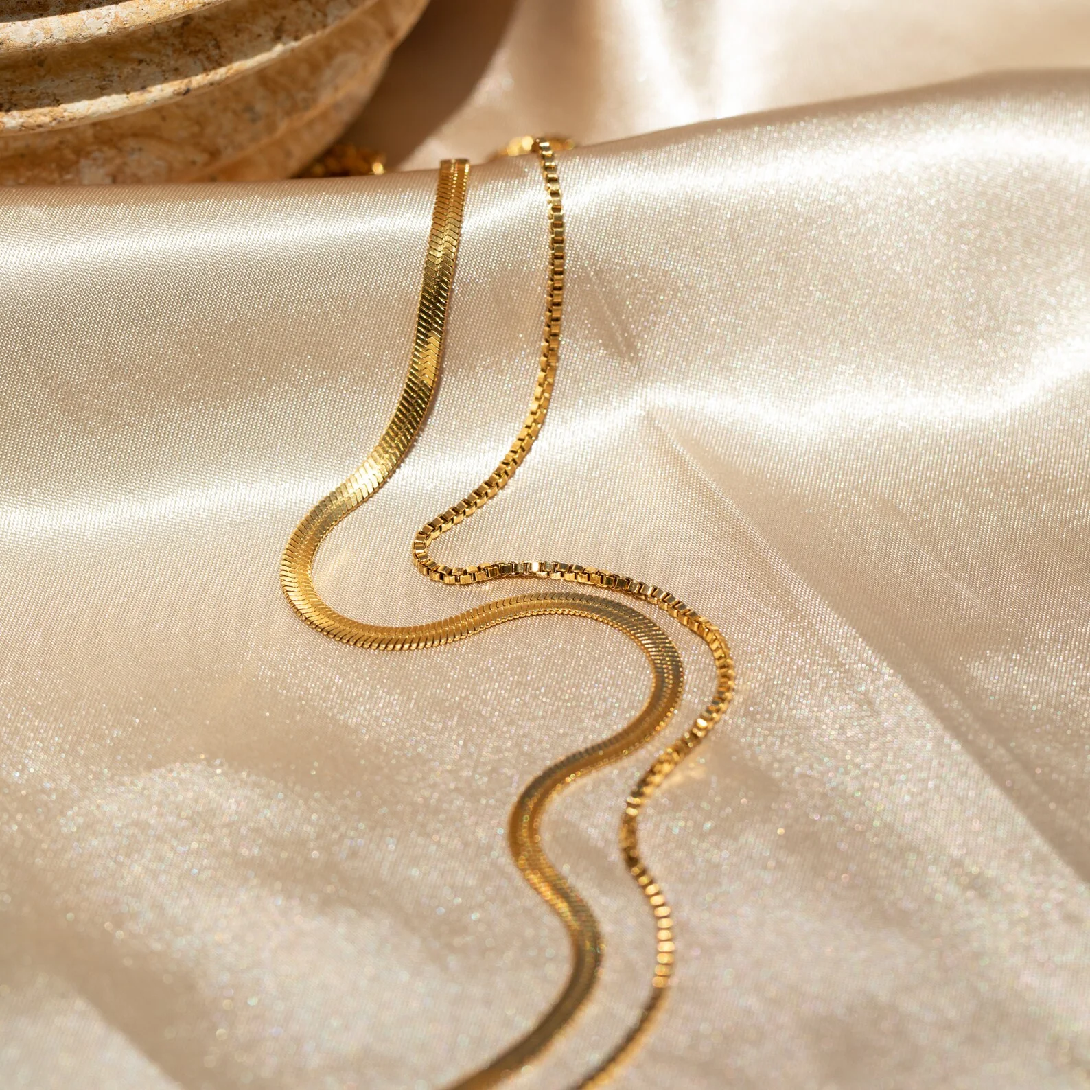 Herringbone Duo Chain Necklace in 18K Gold - Image 2