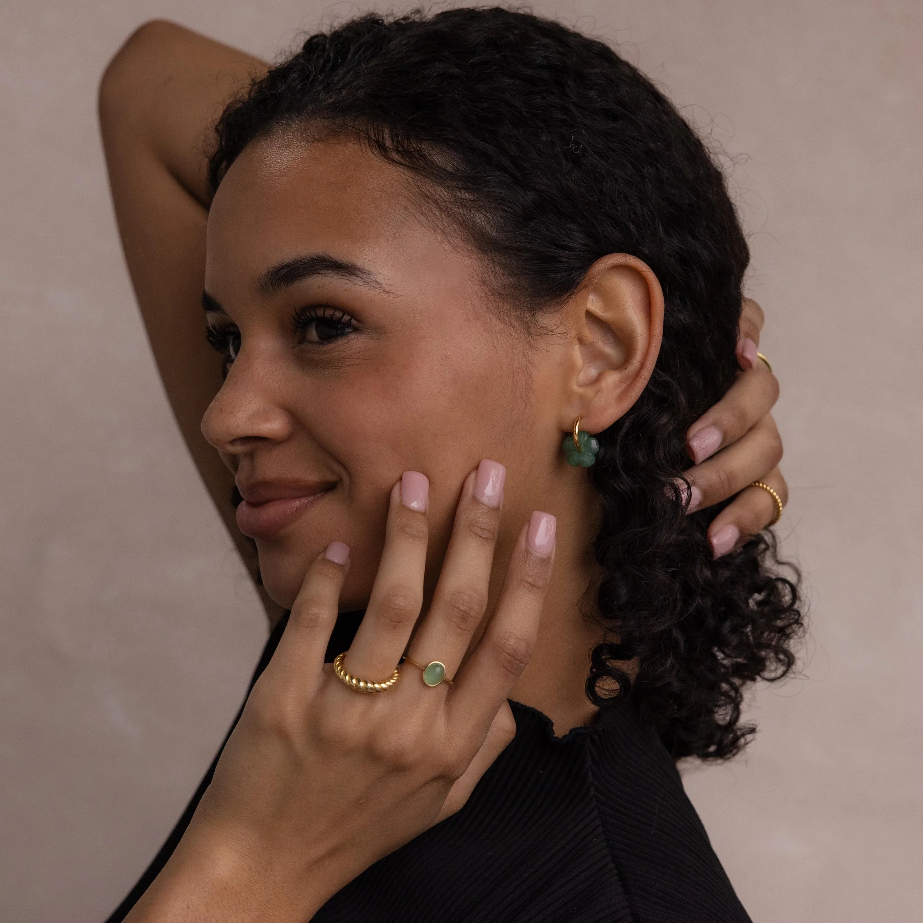 Jade Flower Hoops in 18K Gold - Image 4