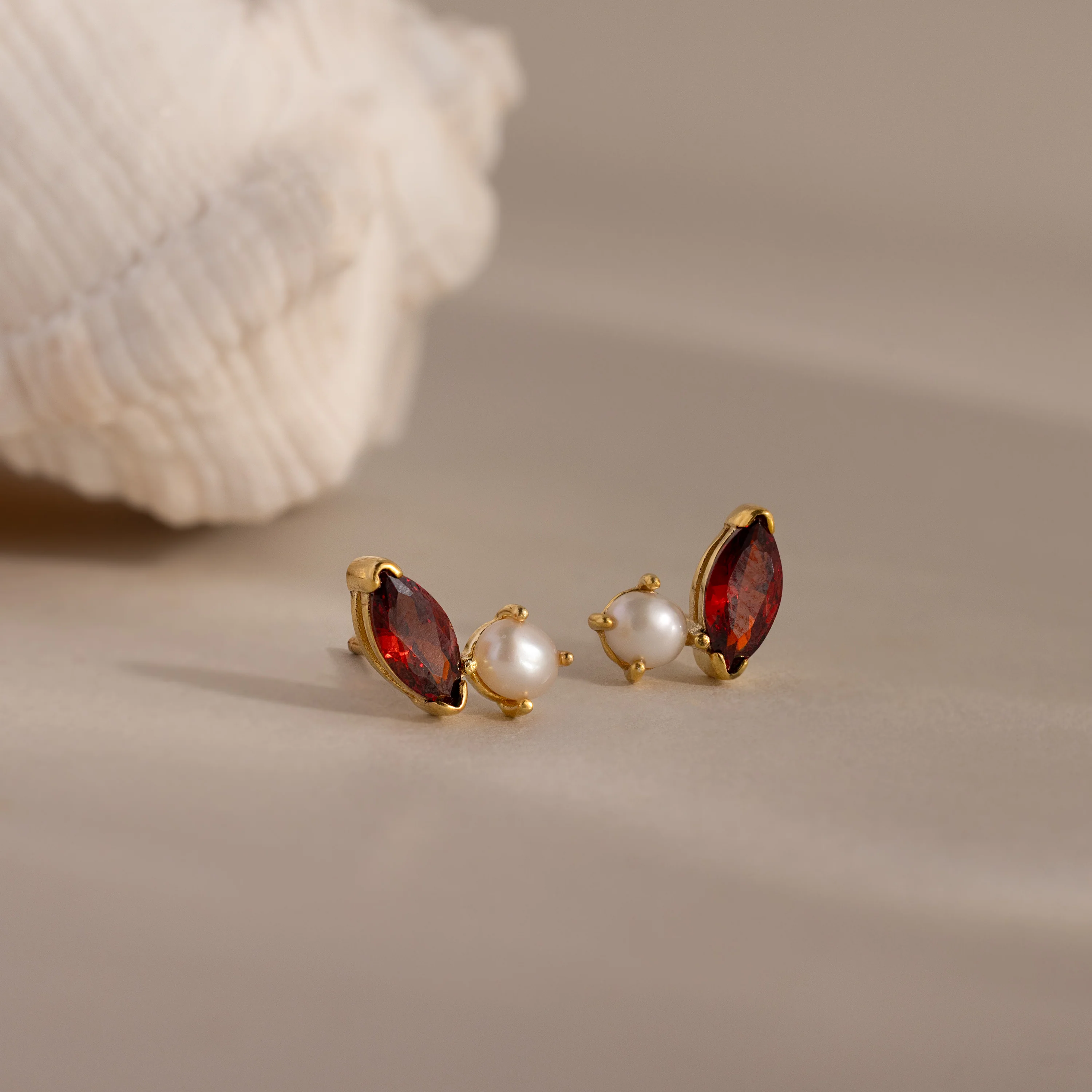 Marquise Garnet & Pearl Studs