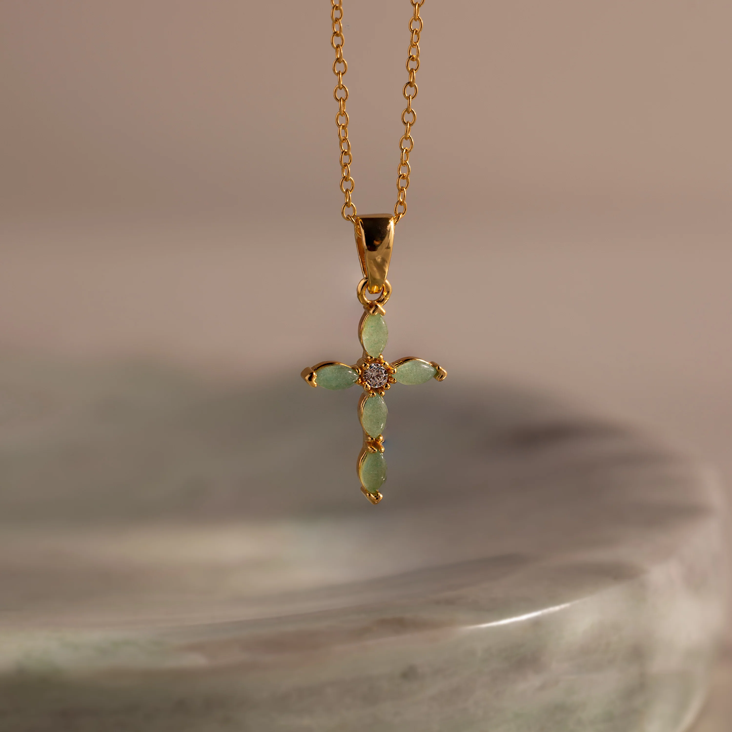 Marquise Jade Cross Necklace in 18K Gold