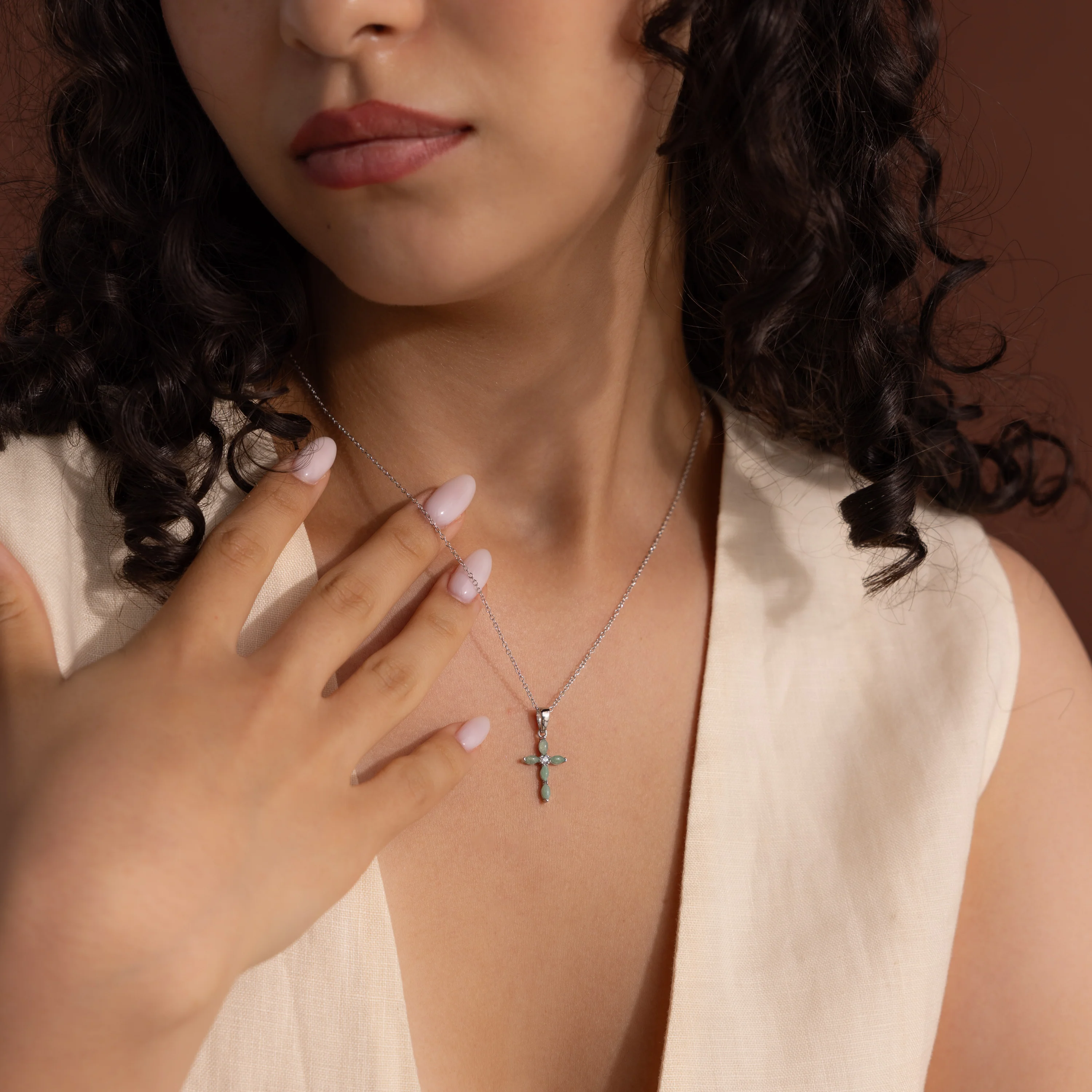 Marquise Jade Cross Necklace in Silver - Image 4