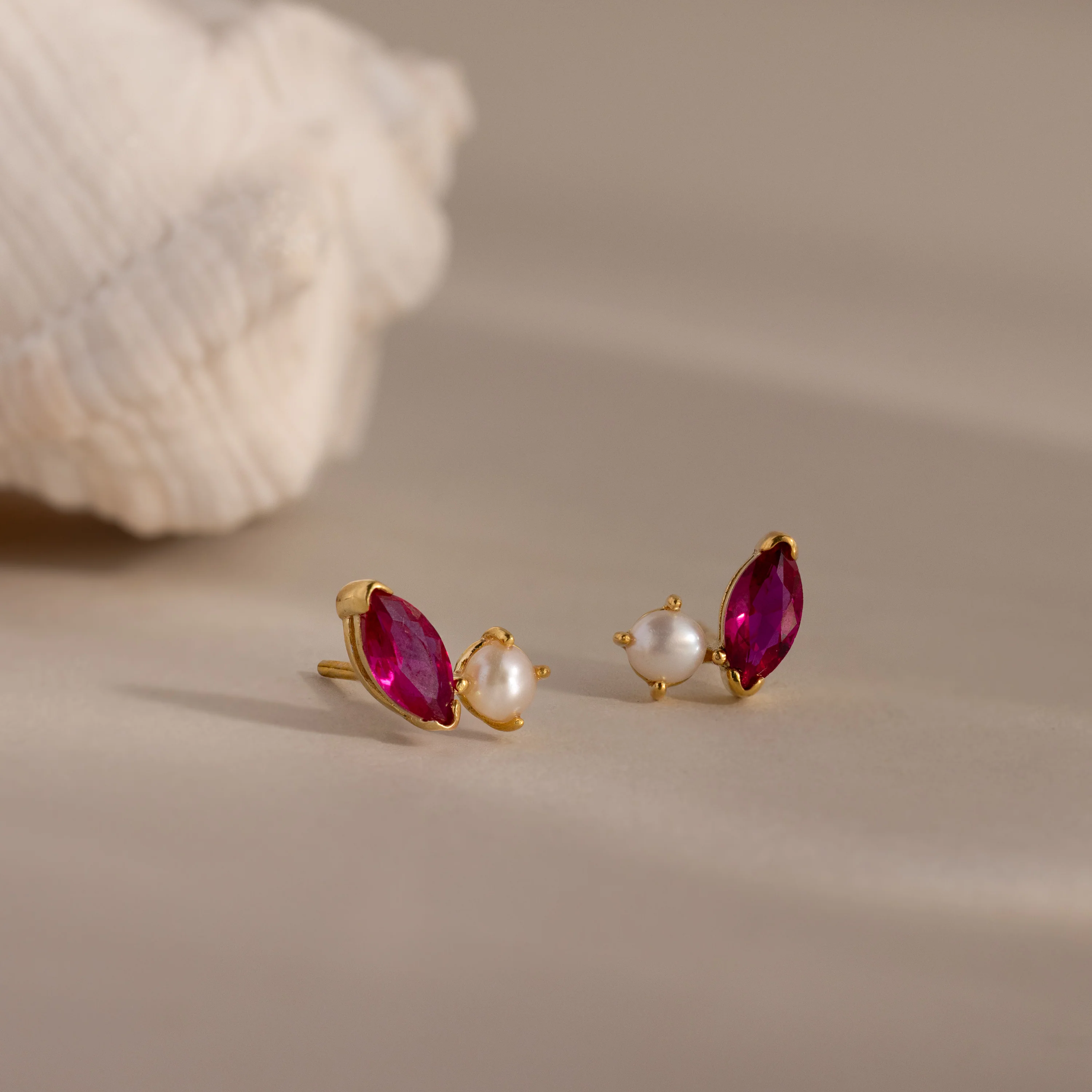 Marquise Ruby & Pearl Studs