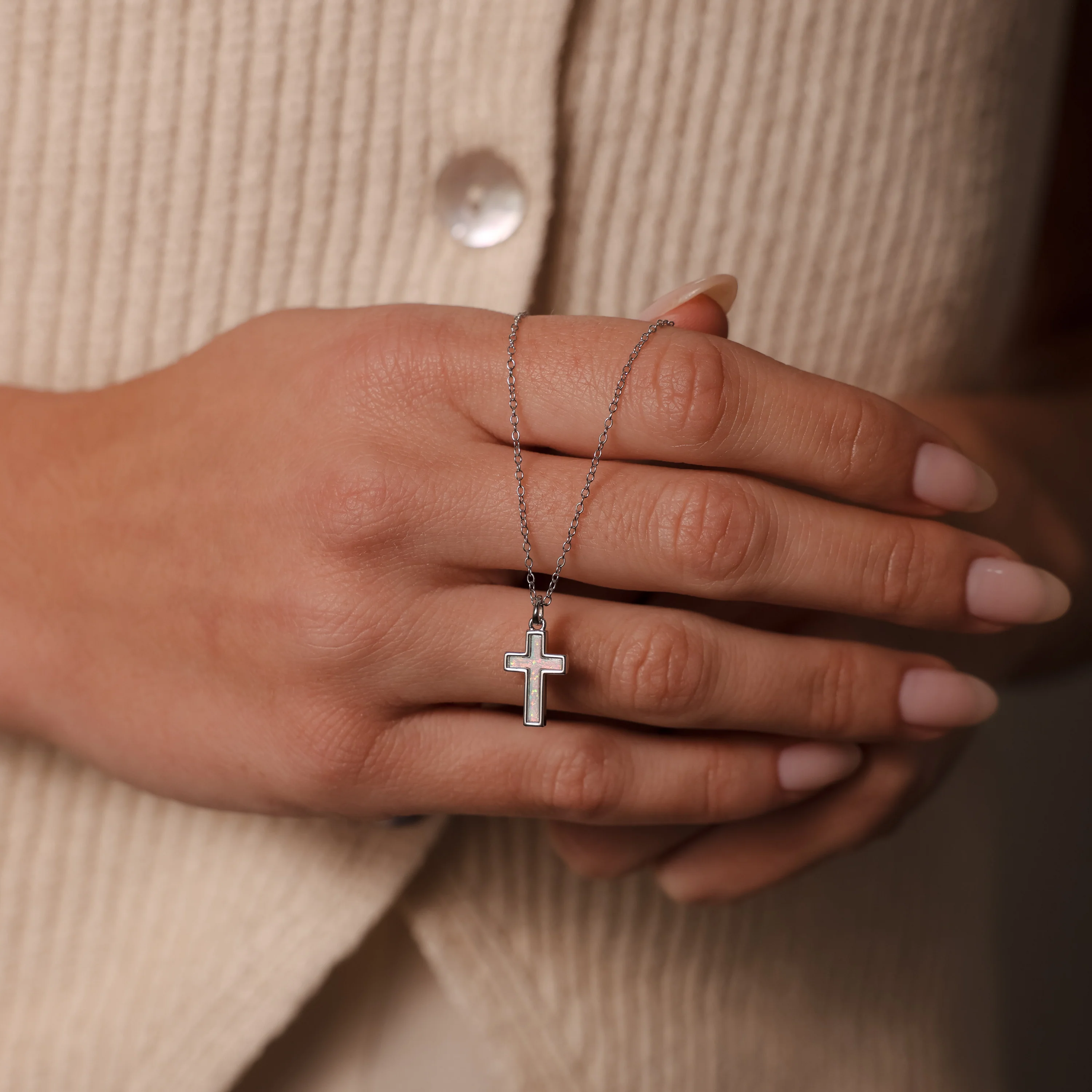 Opal Cross Necklace in Silver - Image 6
