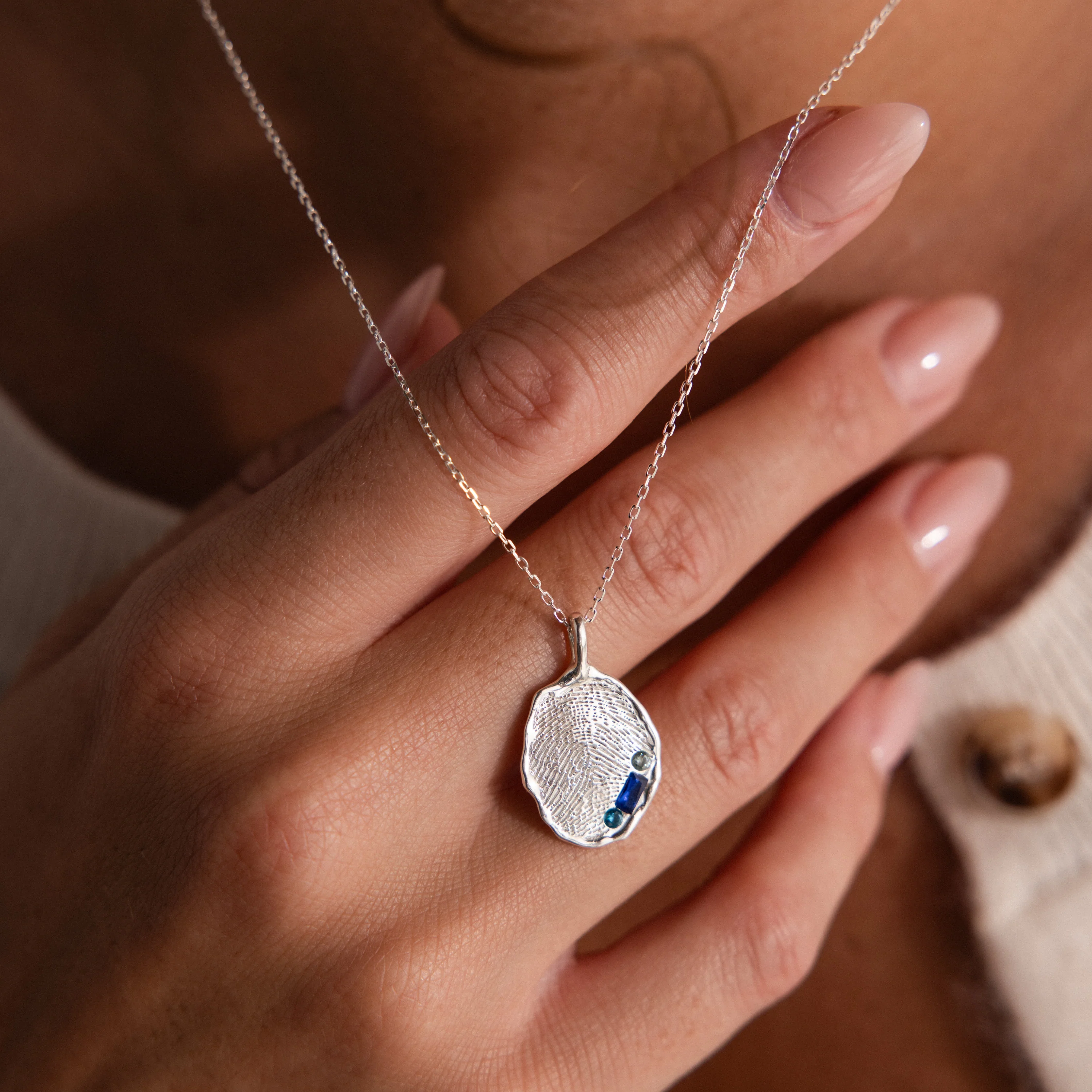 Organic Fingerprint Multi Birthstone Necklace in Silver - Image 2