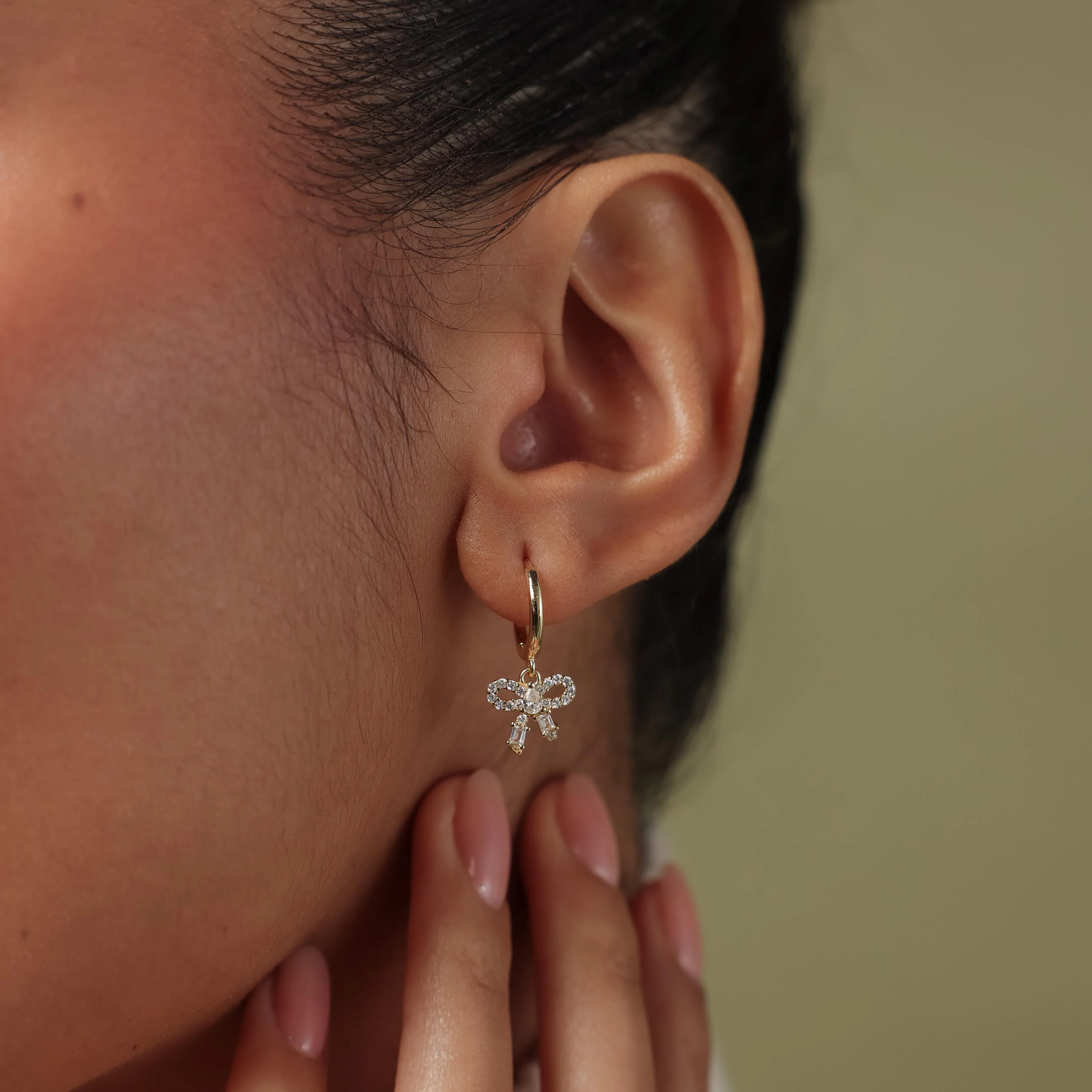 Pave Bow Charm Hoops in 18K Gold - Image 2