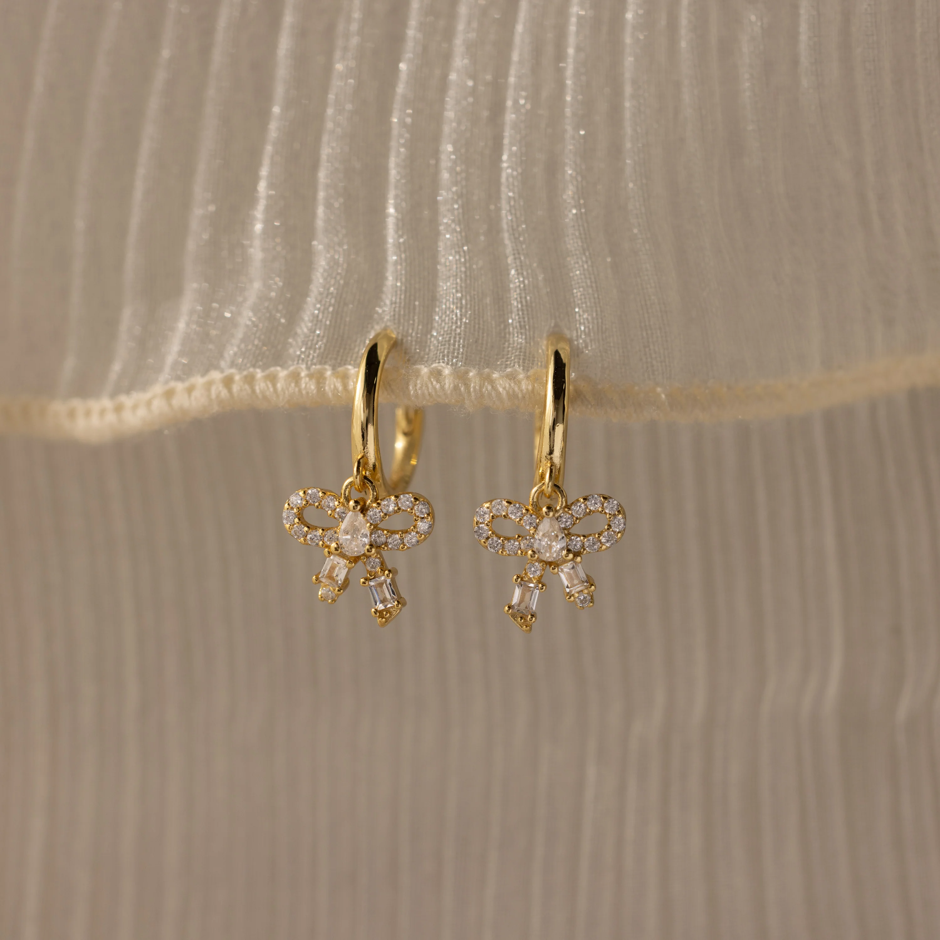 Pave Bow Charm Hoops in 18K Gold - Image 3