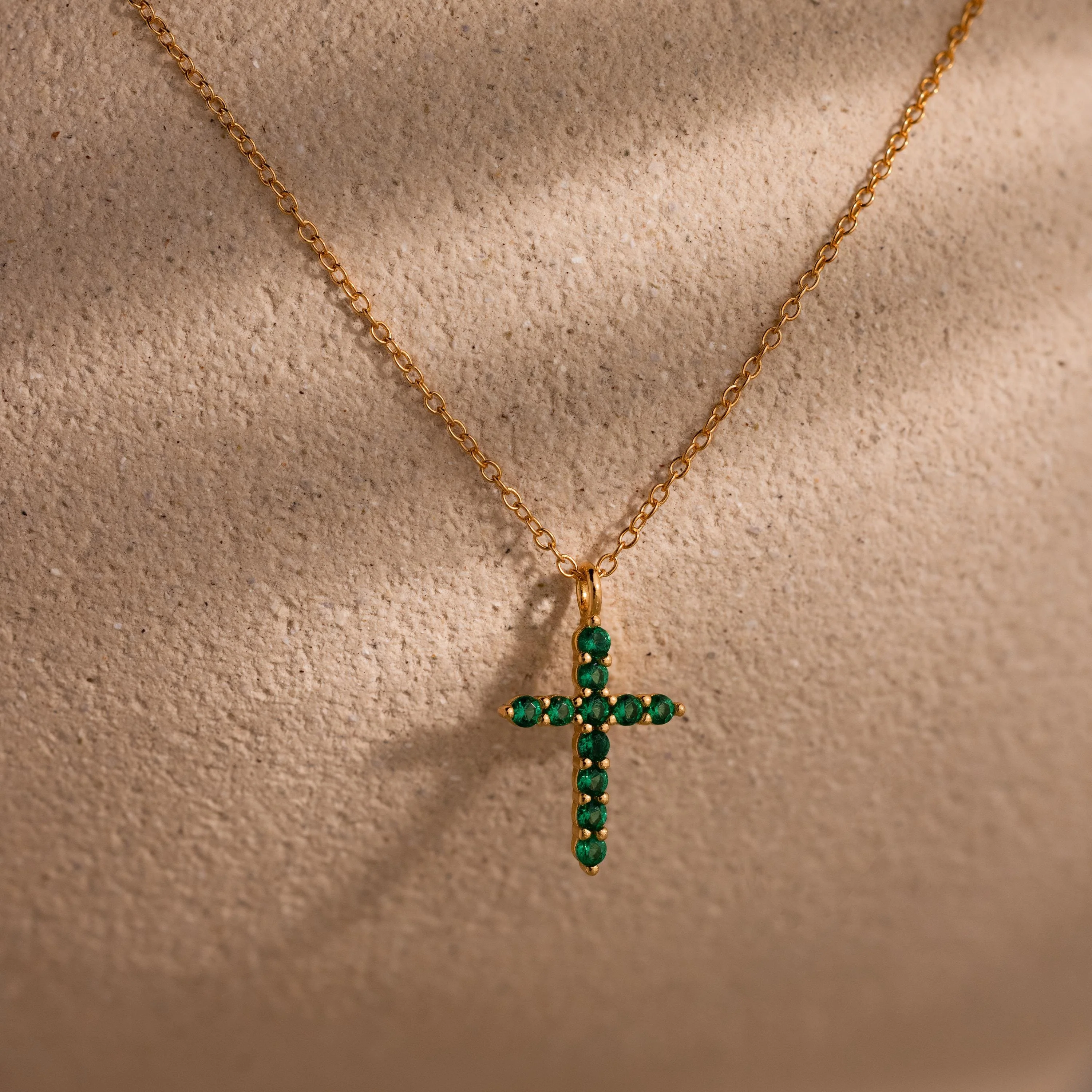 Pave Emerald Cross Necklace in 18K Gold