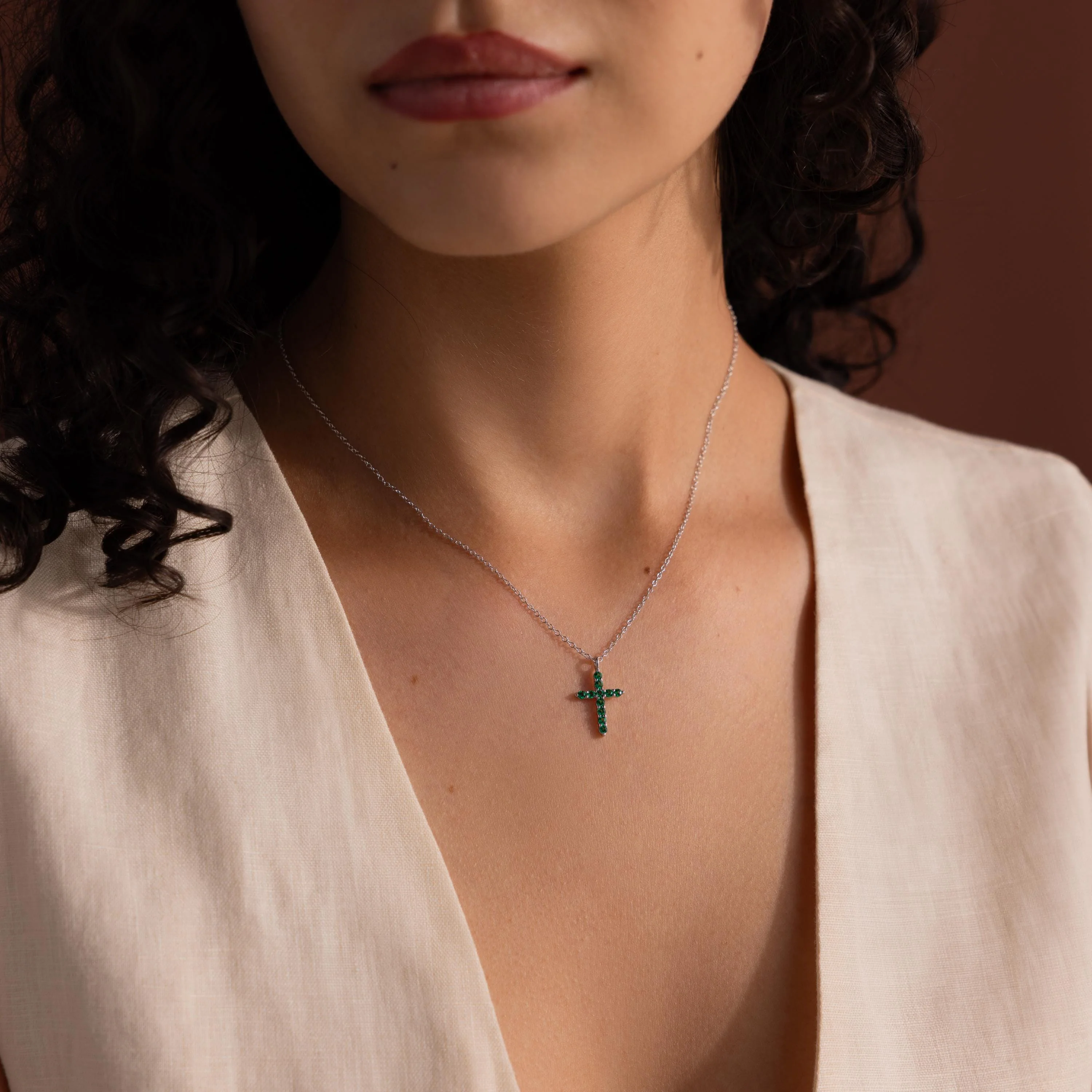 Pave Emerald Cross Necklace in Silver - Image 2