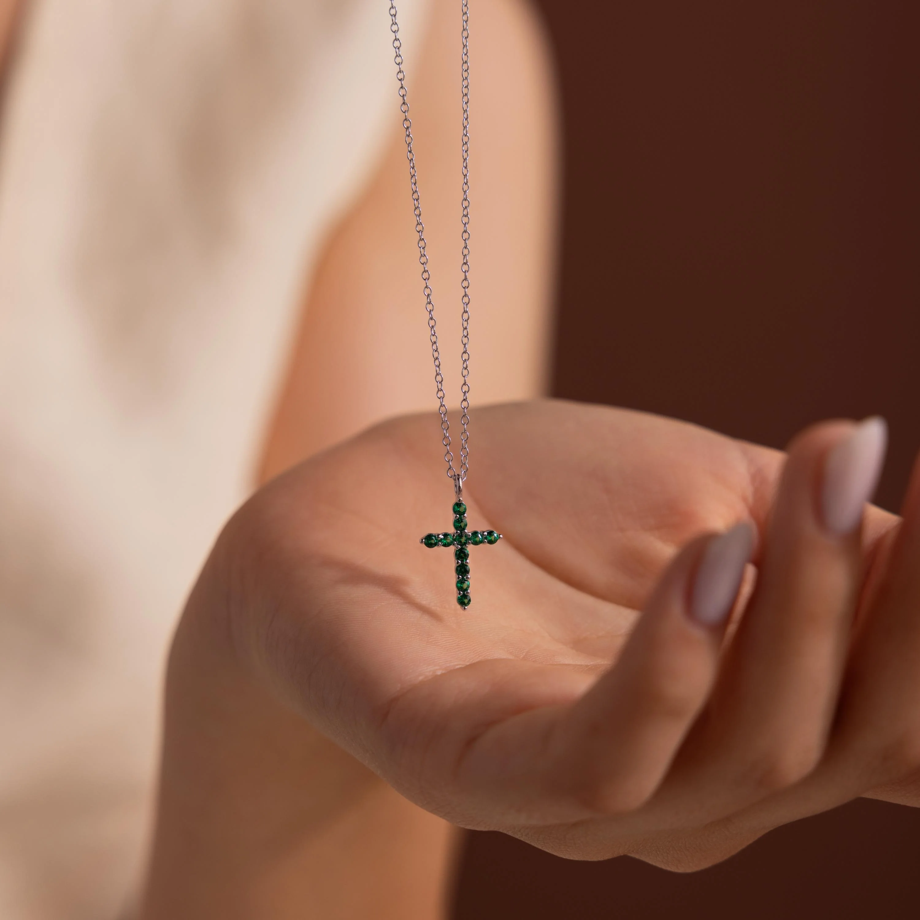 Pave Emerald Cross Necklace in Silver - Image 4