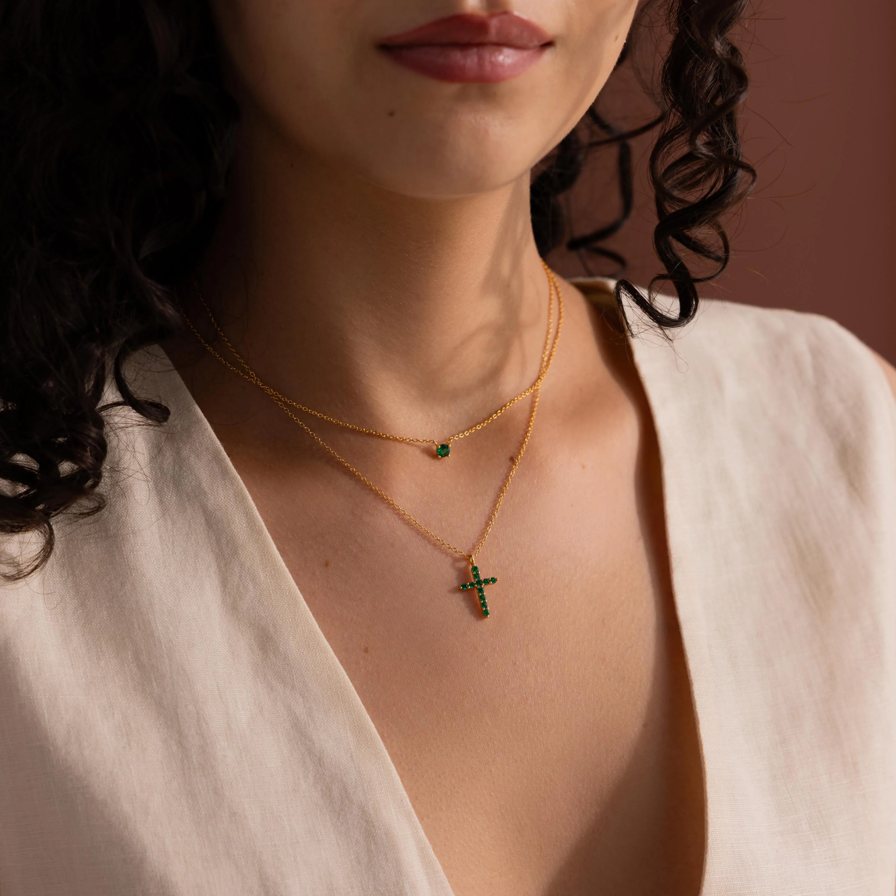Pave Emerald Cross Necklace in 18K Gold - Image 4