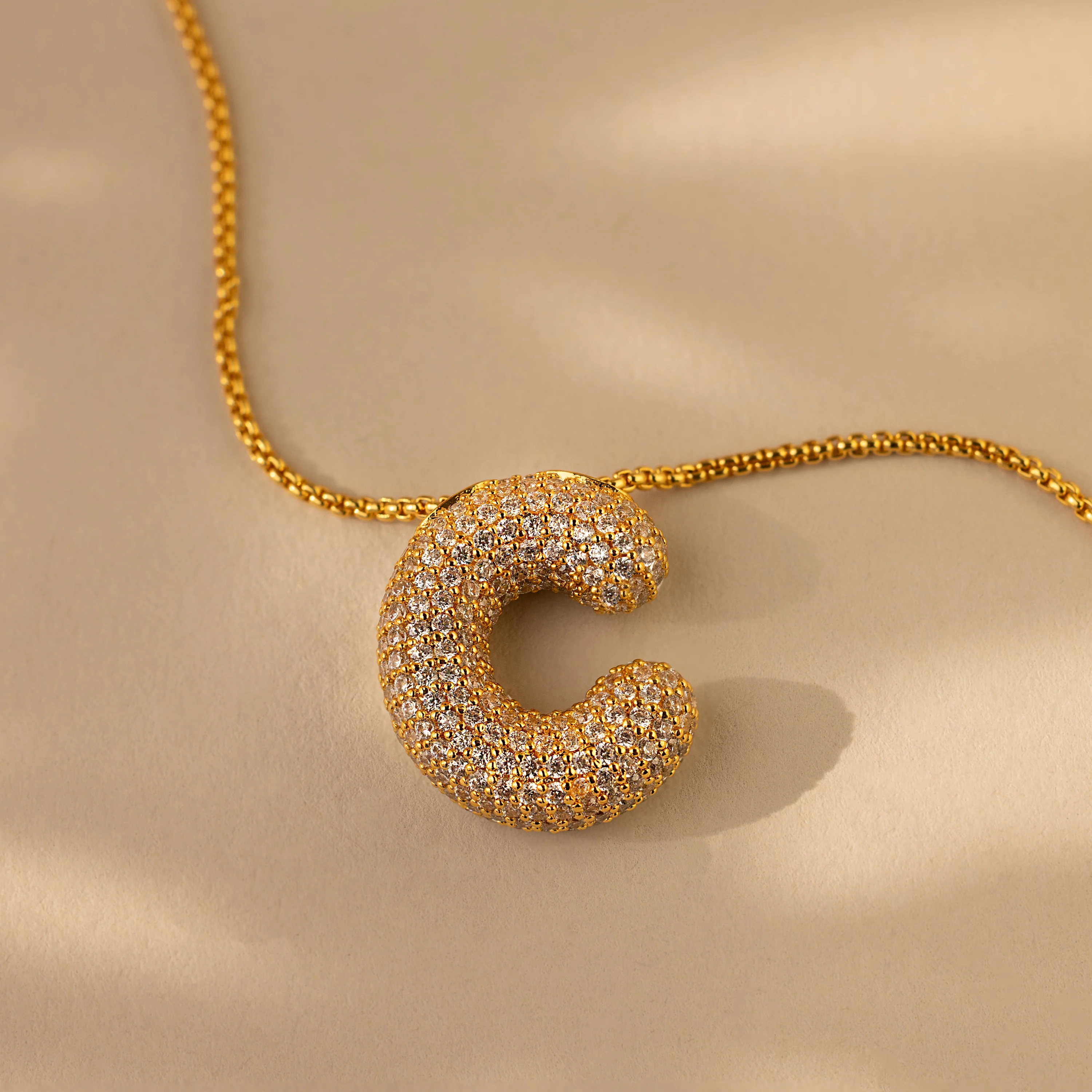 Pave Puff Letter Necklace in 18K Gold - Image 10