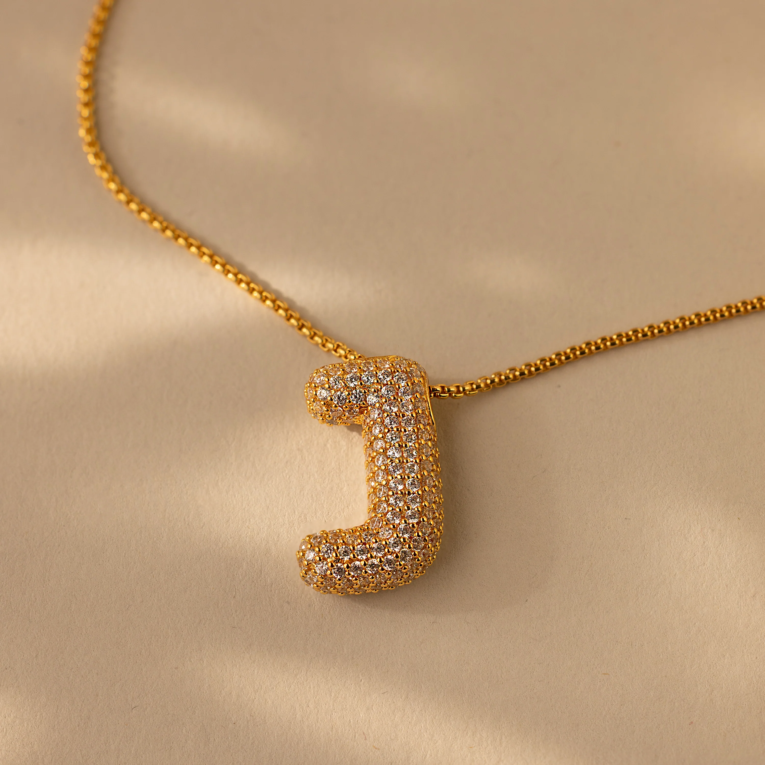 Pave Puff Letter Necklace in 18K Gold - Image 15