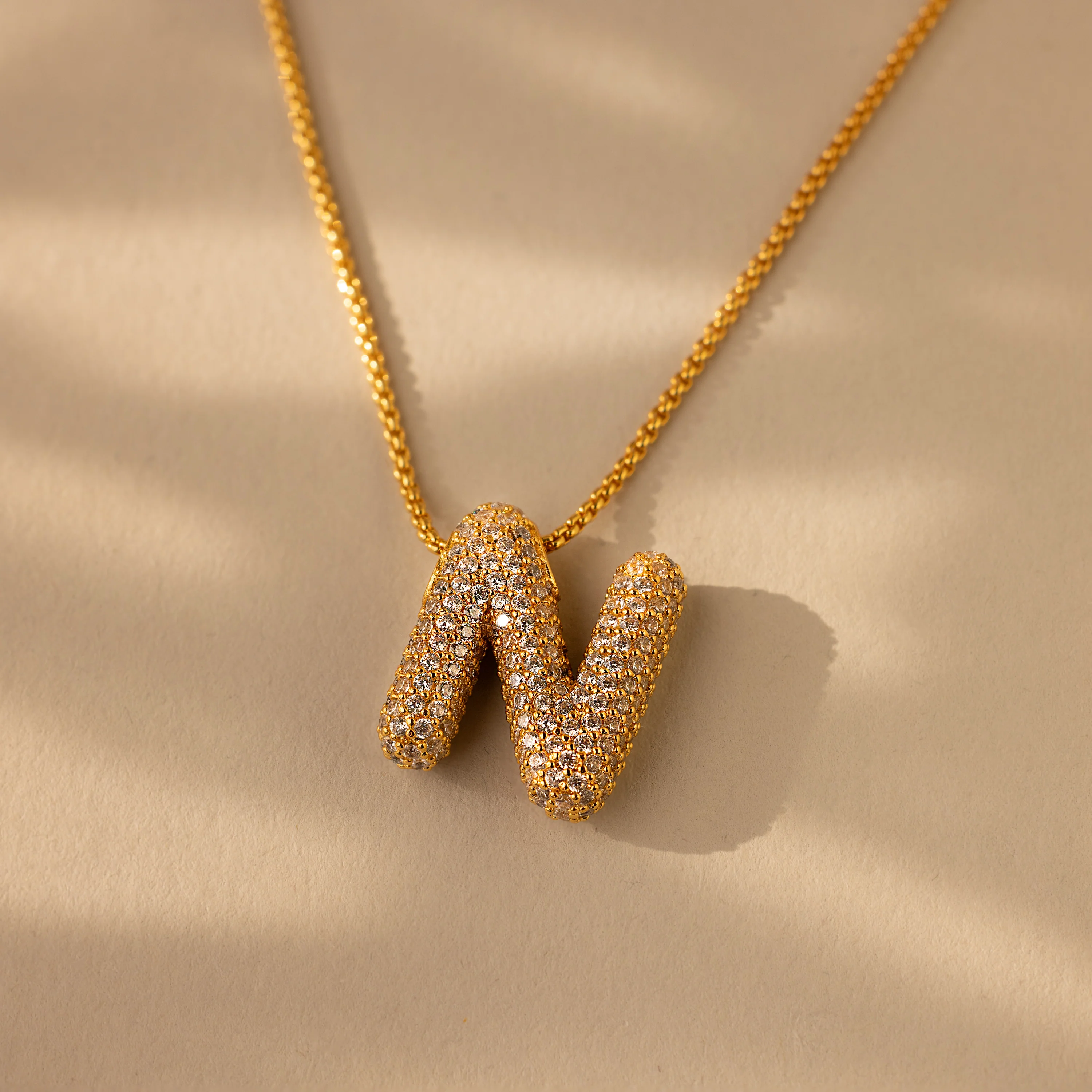 Pave Puff Letter Necklace in 18K Gold - Image 18