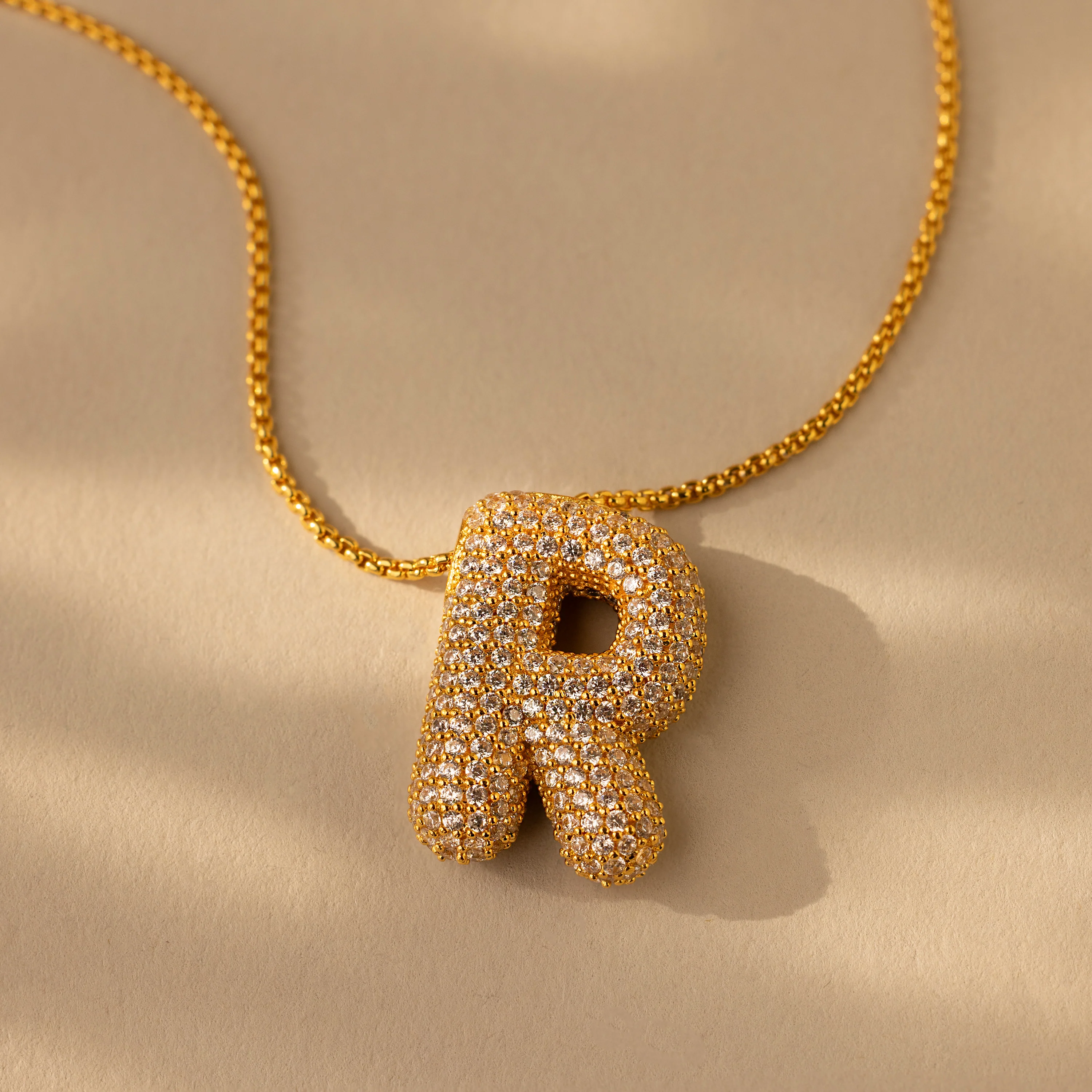 Pave Puff Letter Necklace in 18K Gold - Image 22