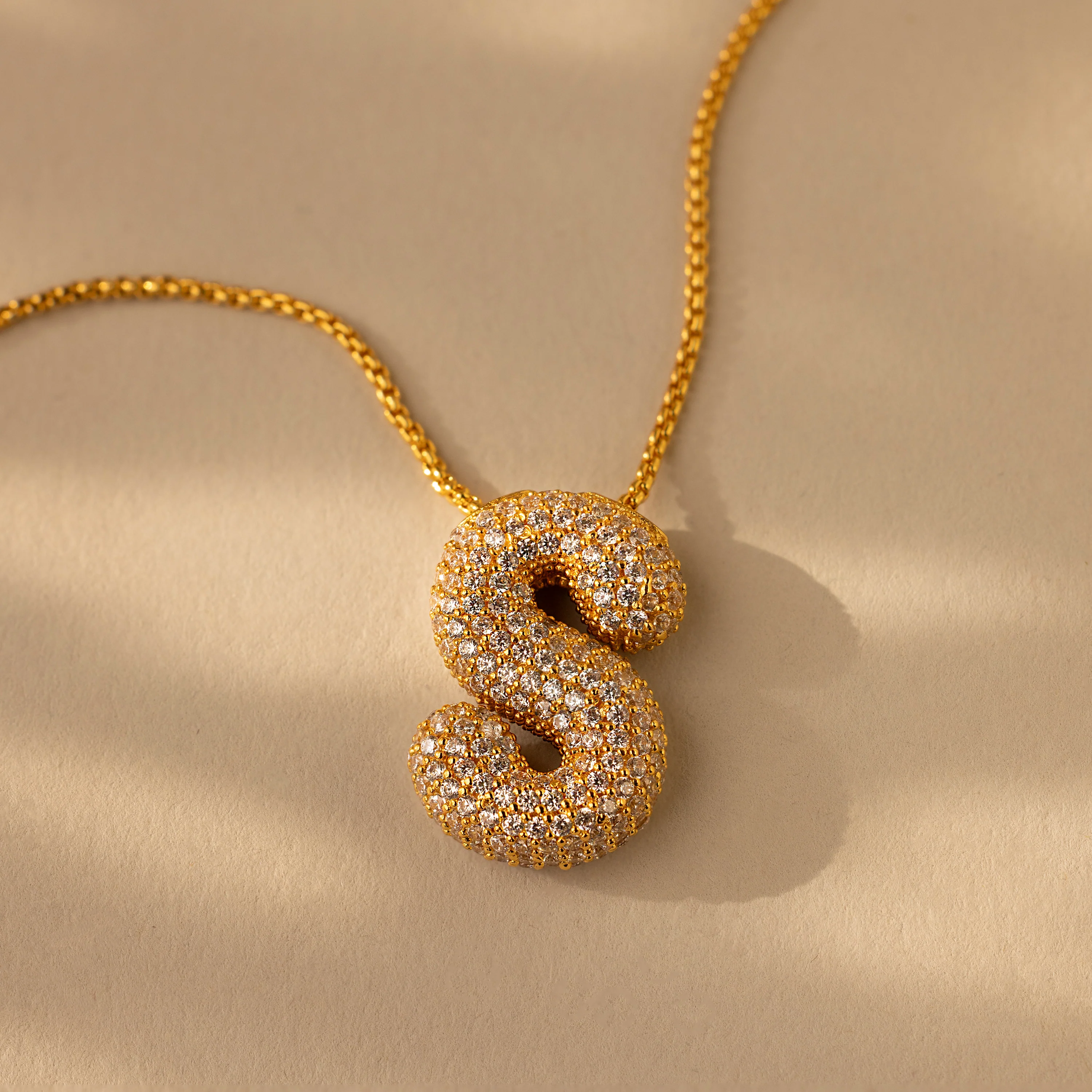 Pave Puff Letter Necklace in 18K Gold - Image 23