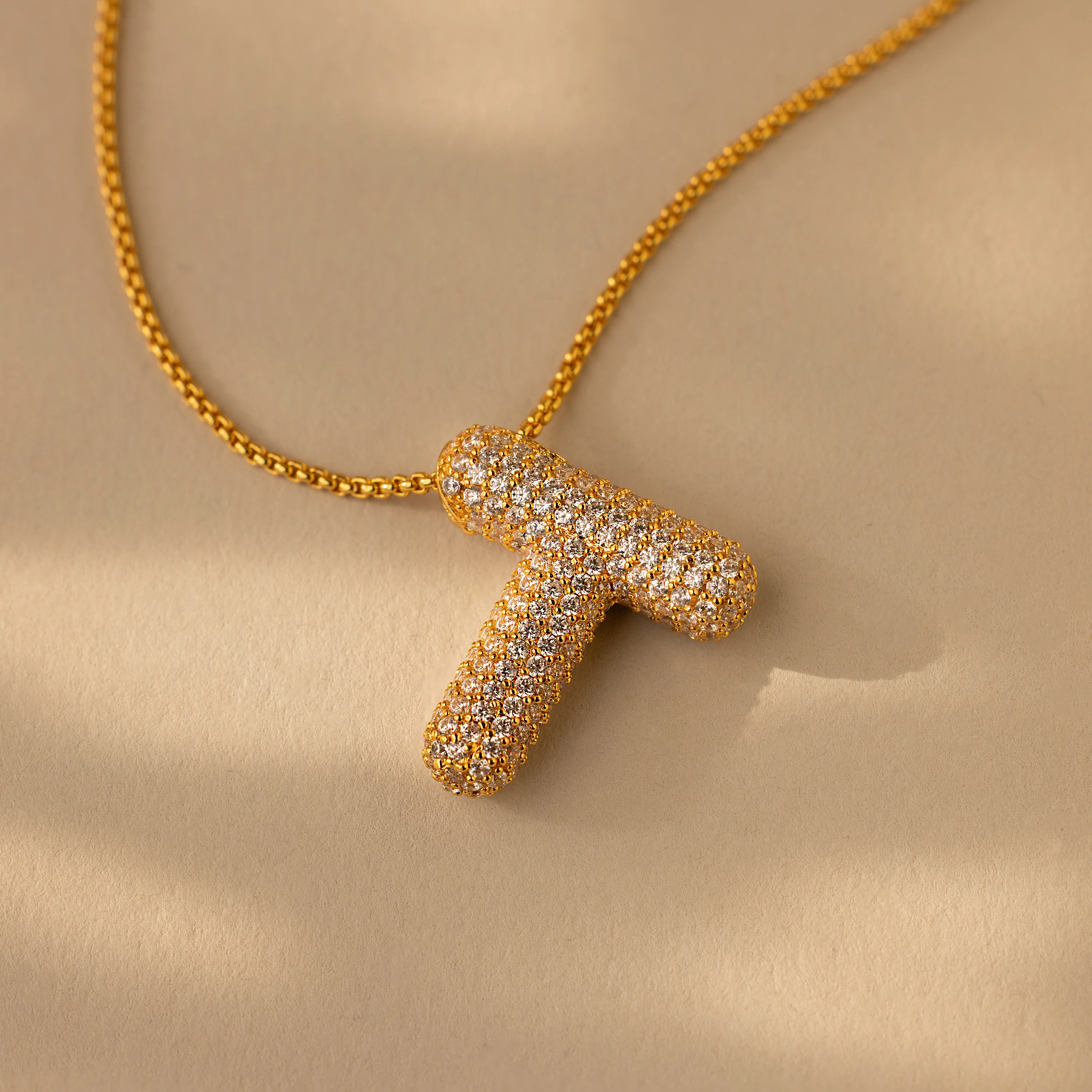 Pave Puff Letter Necklace in 18K Gold - Image 24