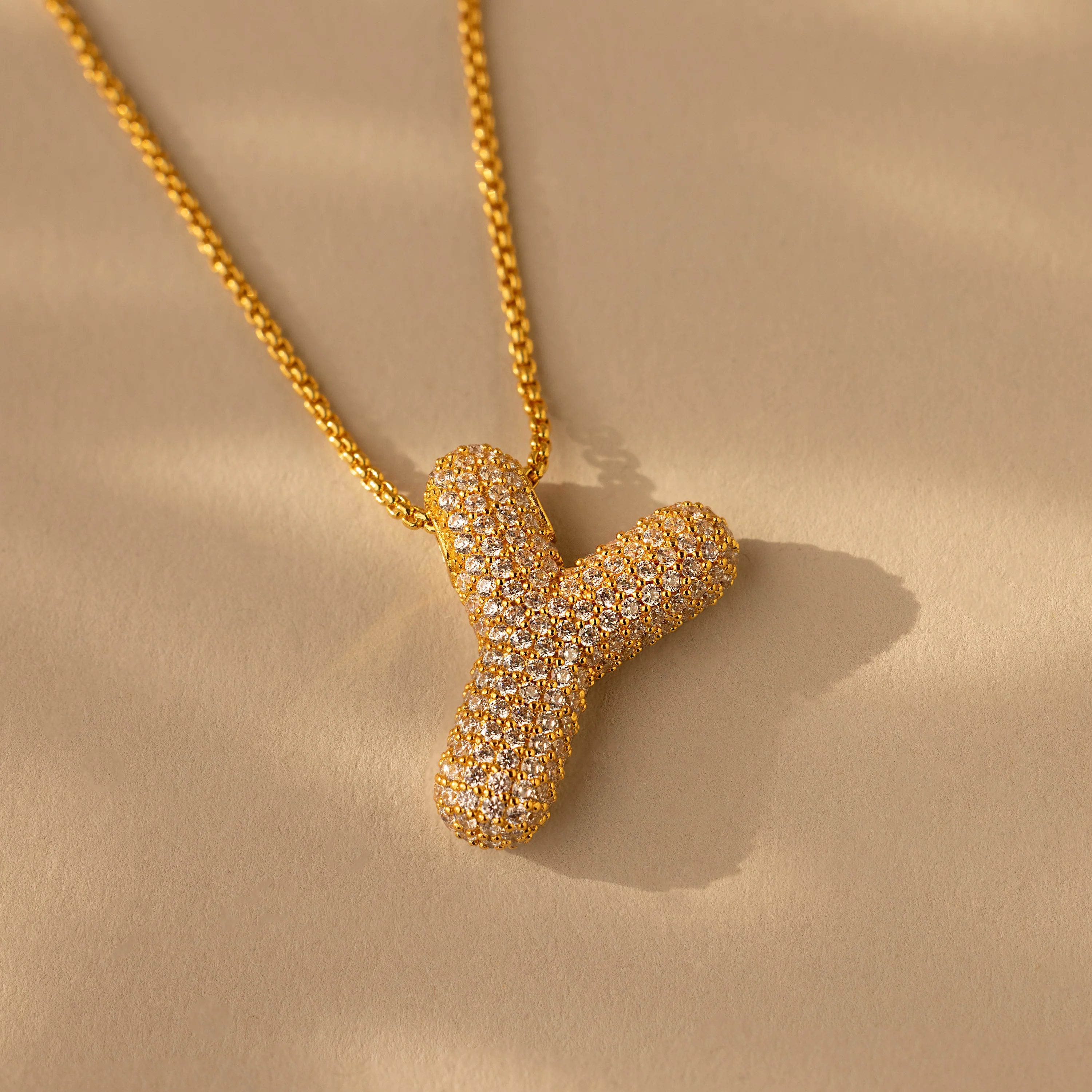 Pave Puff Letter Necklace in 18K Gold - Image 29