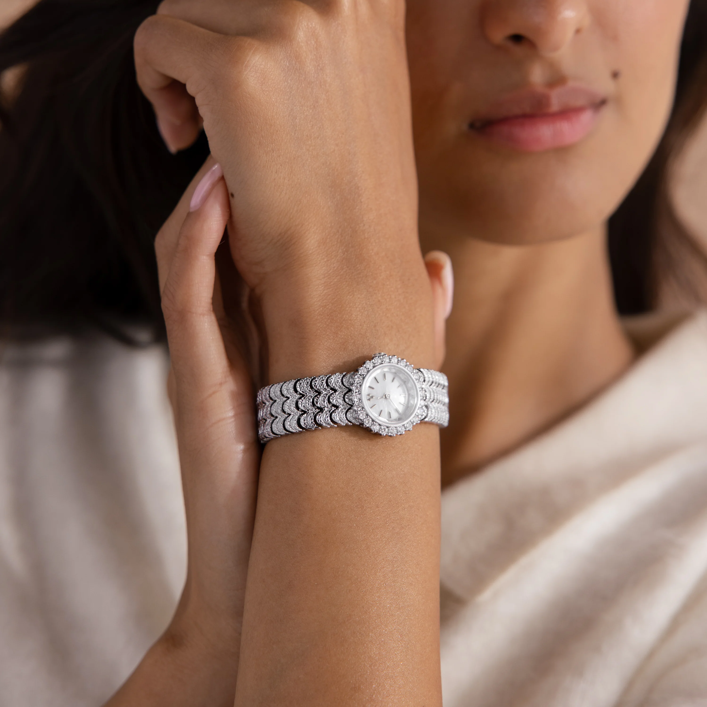 Pave Scalloped Timepiece in Silver - Image 2