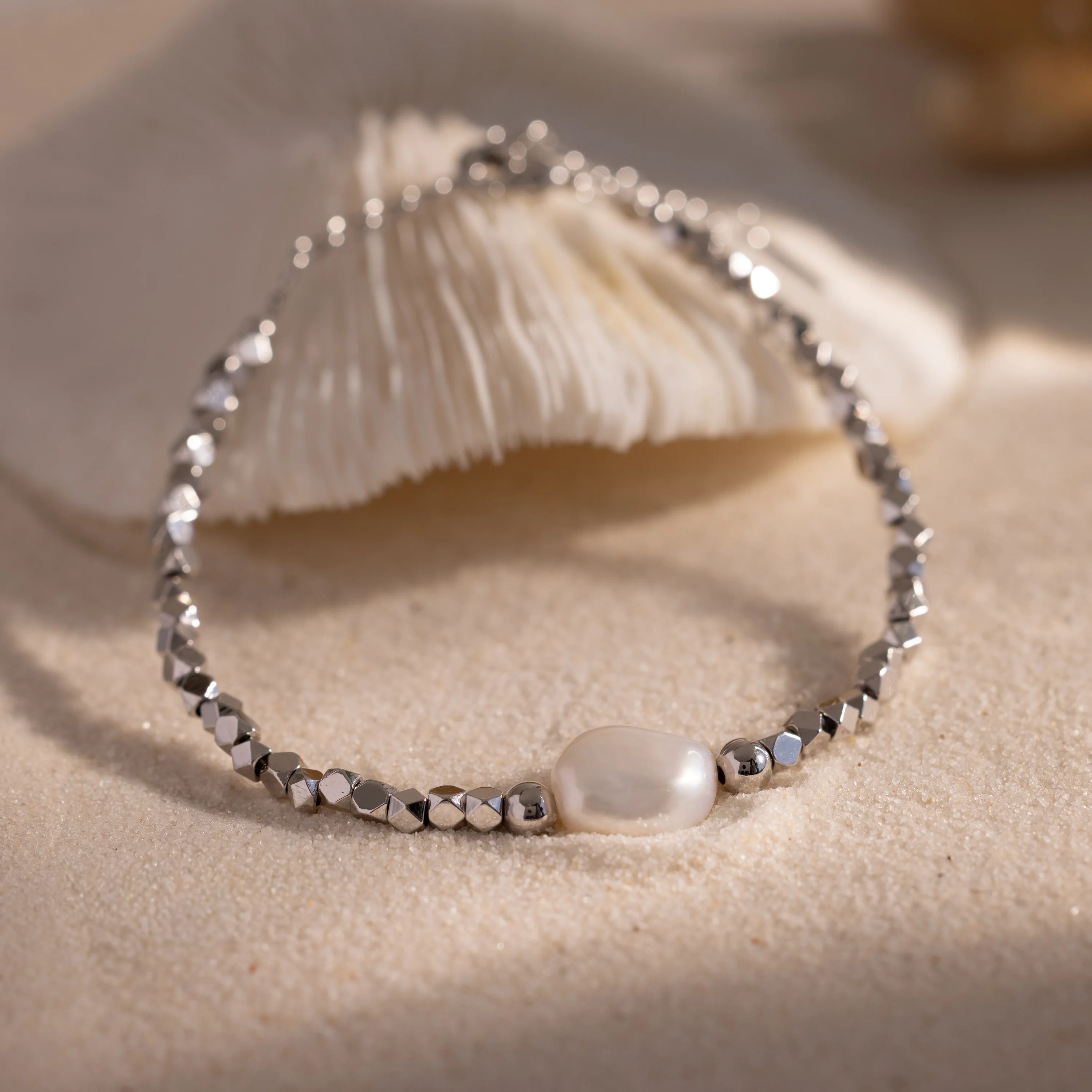 Pearl Charm Beaded Bracelet in Silver - Image 3