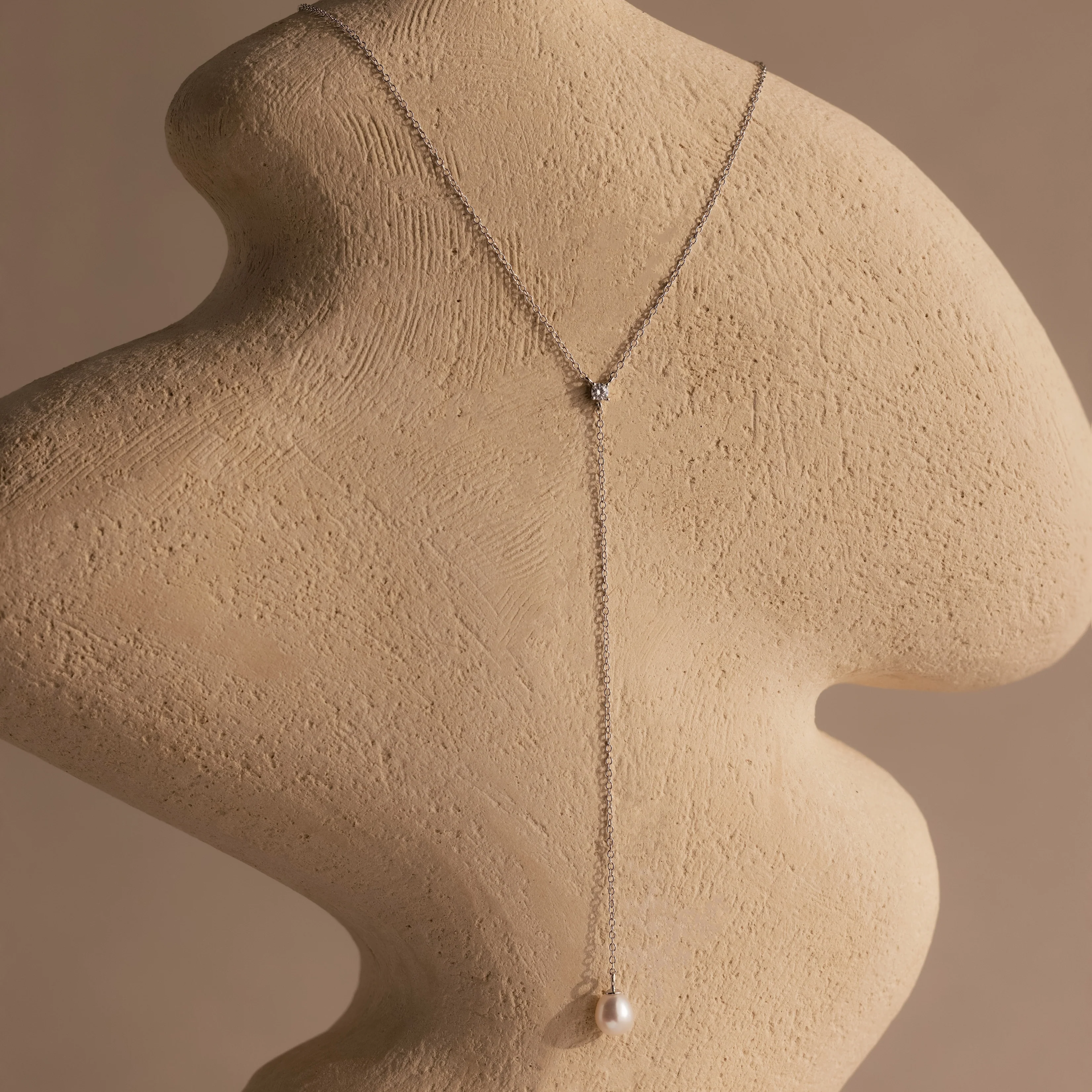 Pearl Drop Lariat Necklace in Silver