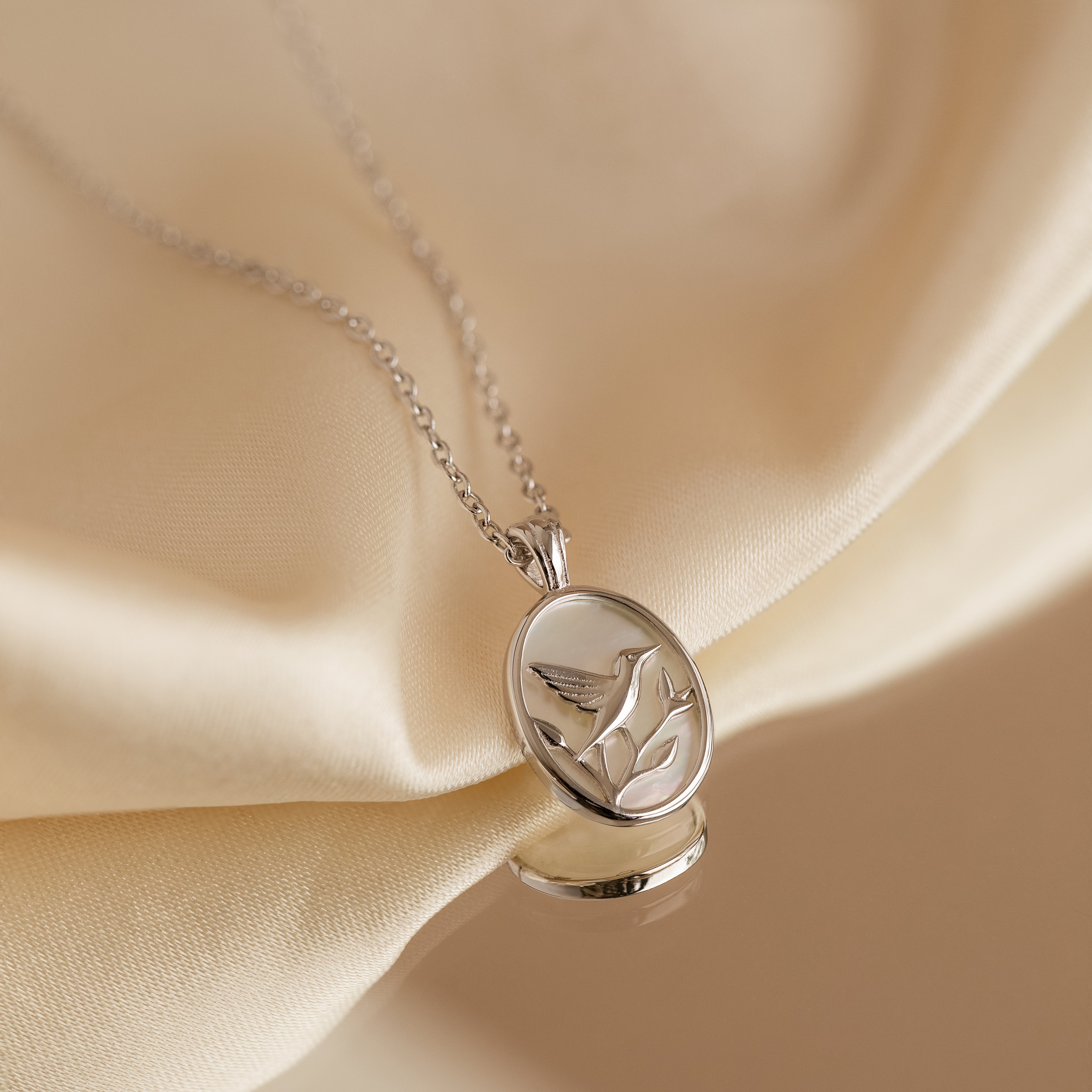 Pearl Hummingbird Necklace in Silver