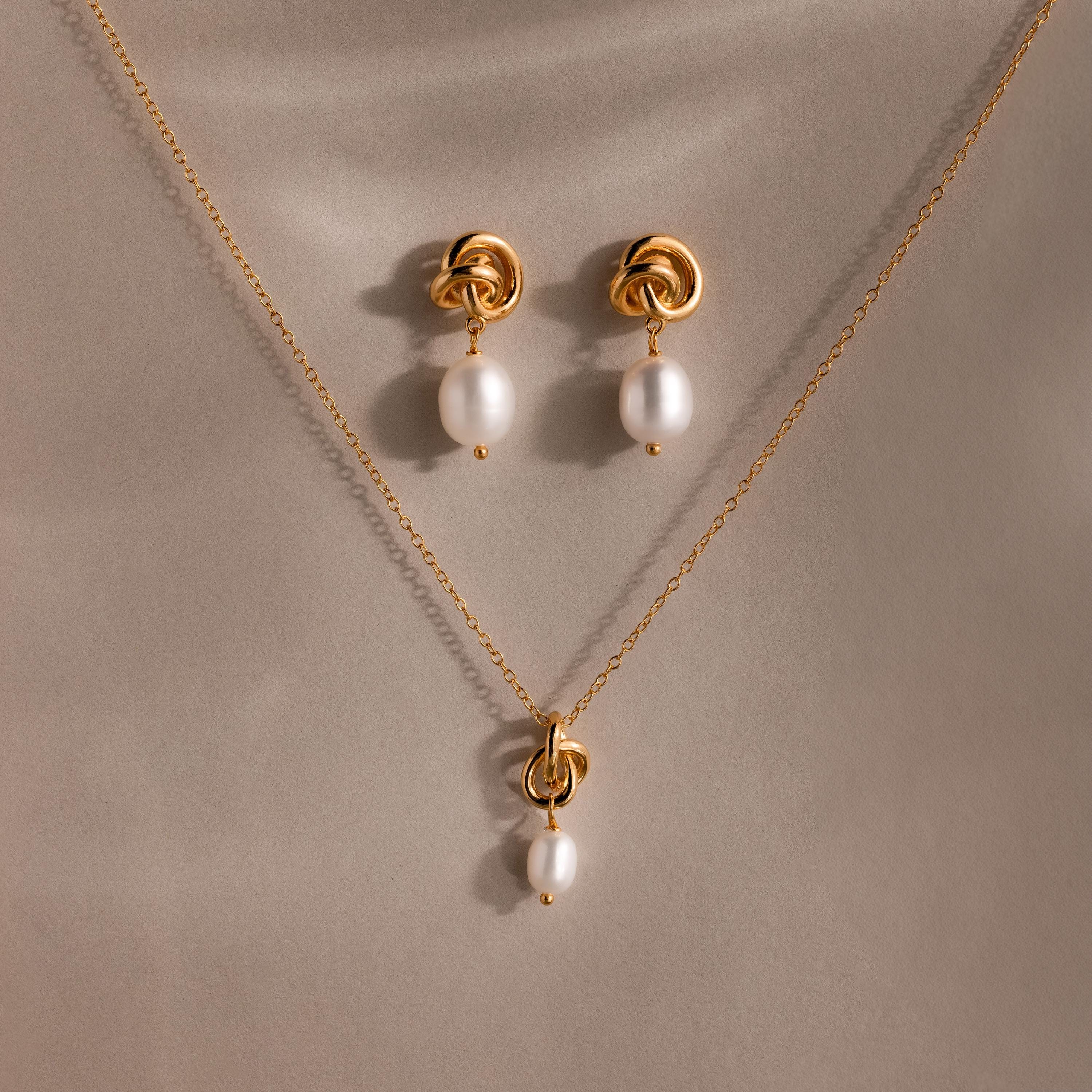 Pearl Knot Necklace & Earrings Set in 18K Gold