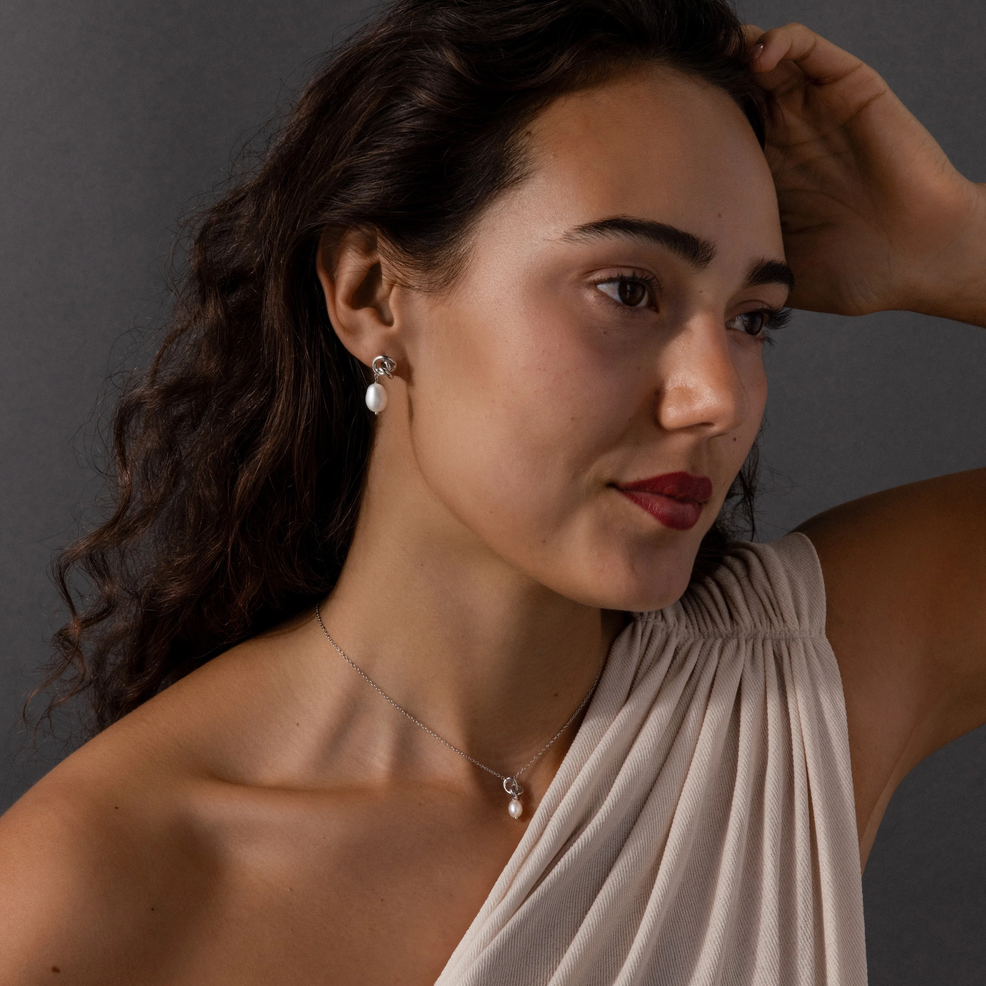 Pearl Knot Necklace & Earrings Set in Silver - Image 6