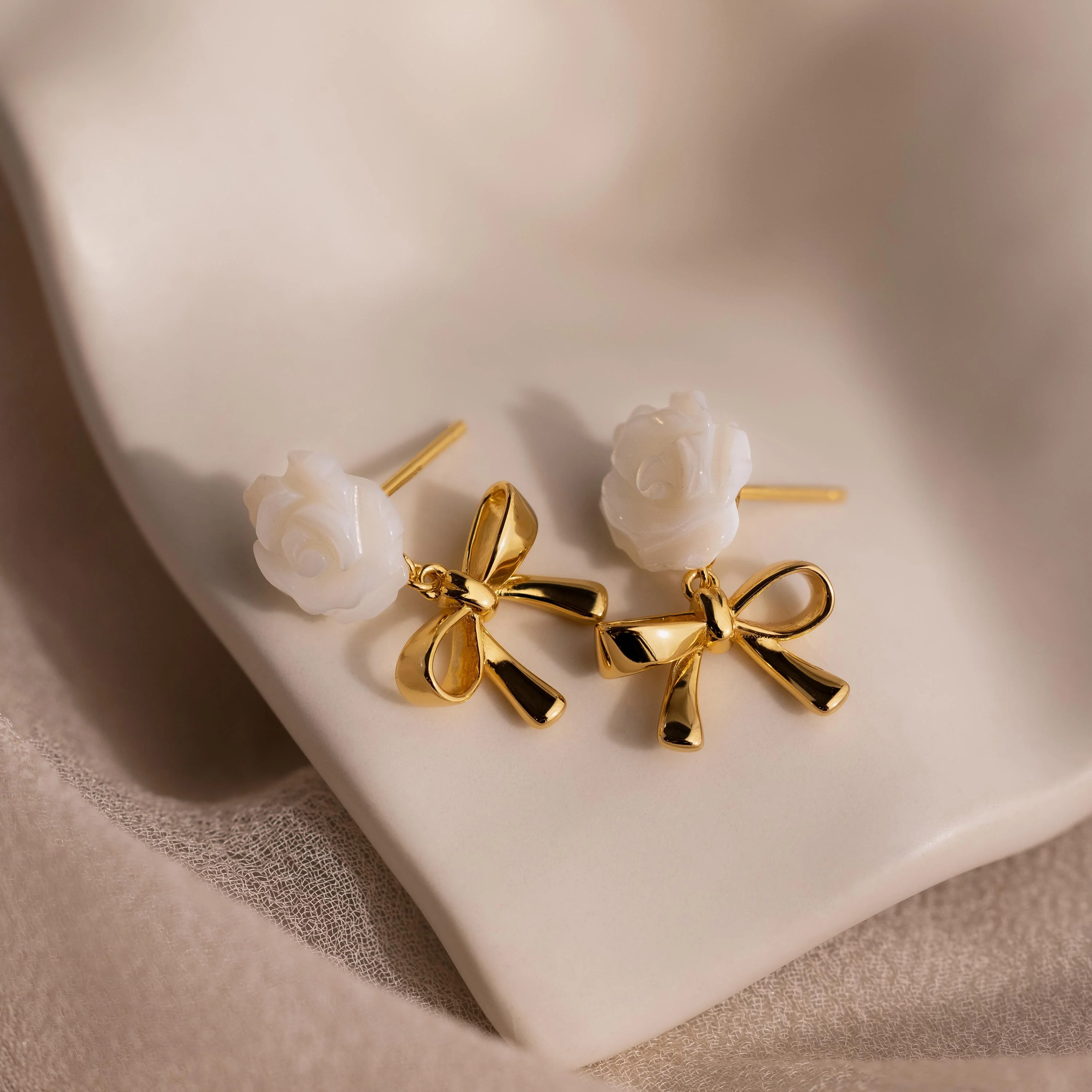 Pearl Rose Ribbon Studs in 18K Gold - Image 3