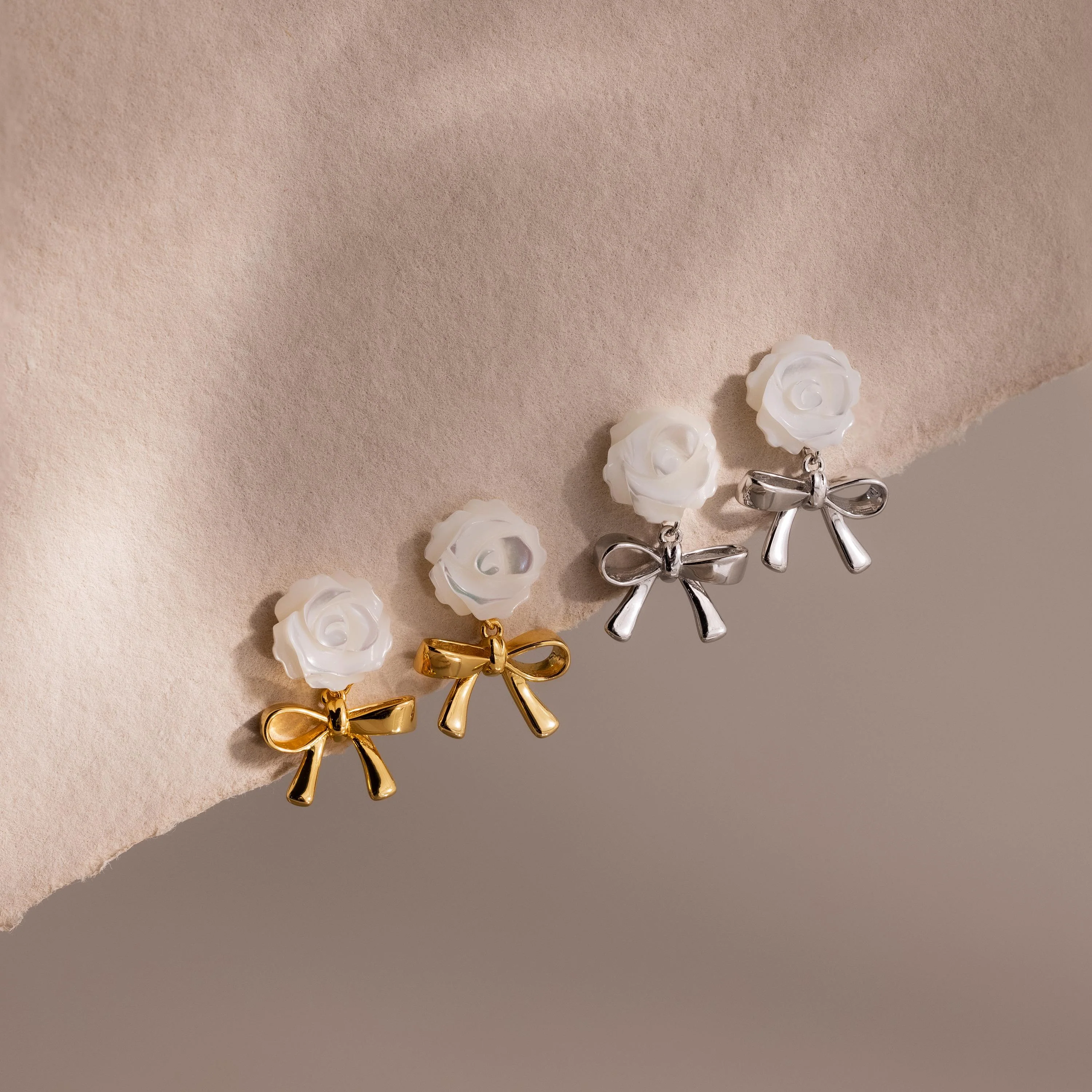 Pearl Rose Ribbon Studs in Silver - Image 5