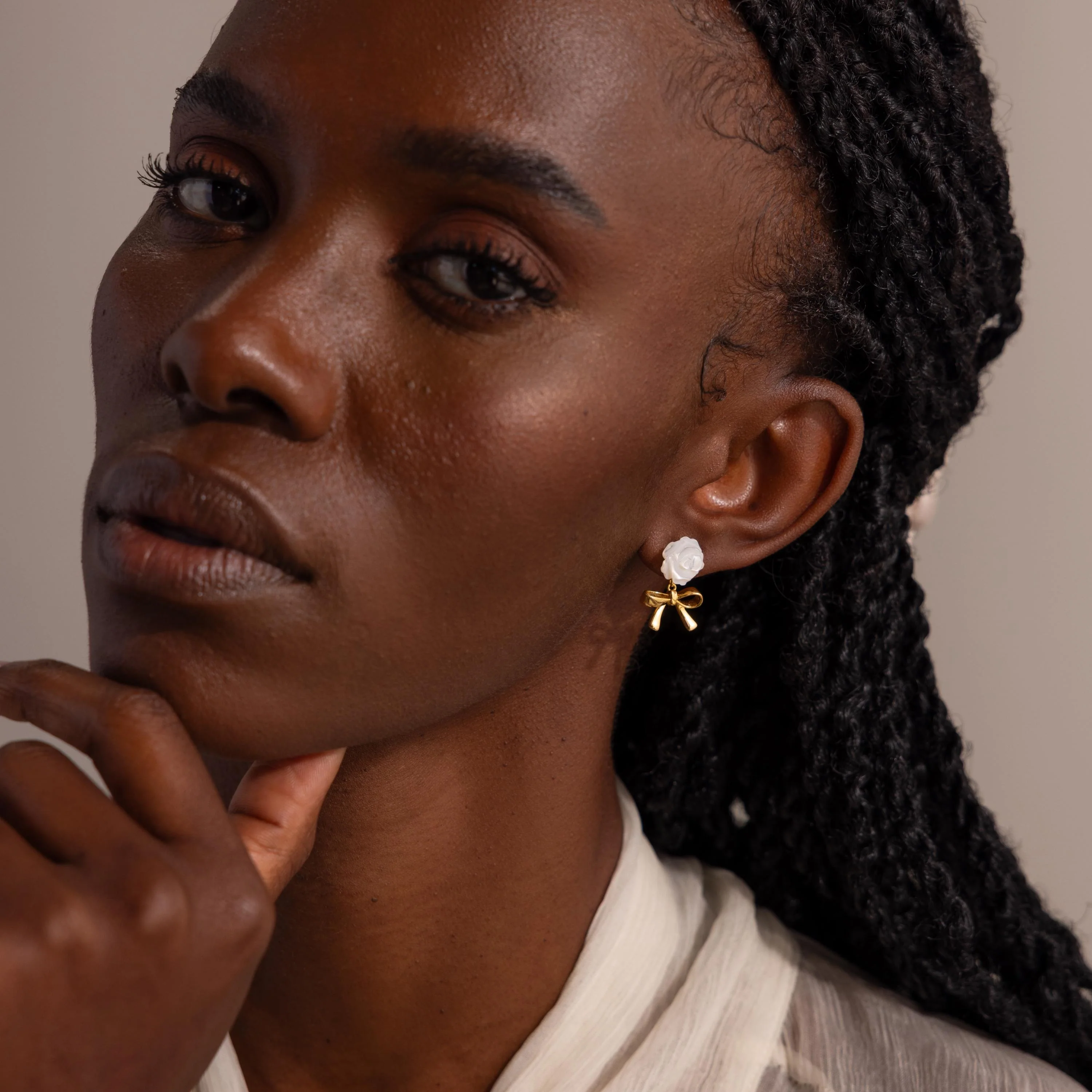 Pearl Rose Ribbon Studs in 18K Gold - Image 6