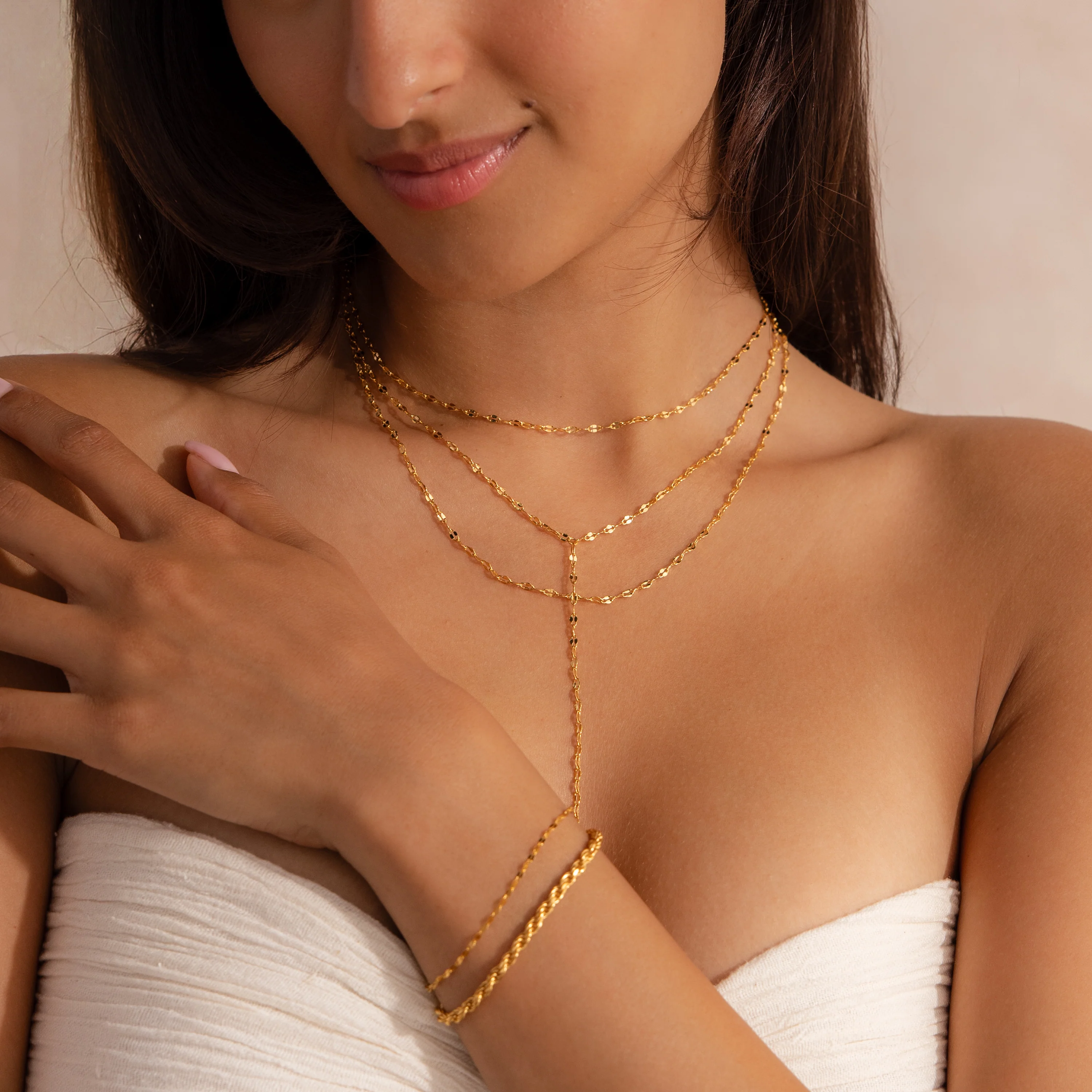 Sparkling Layered Lariat Necklace in 18K Gold - Image 3