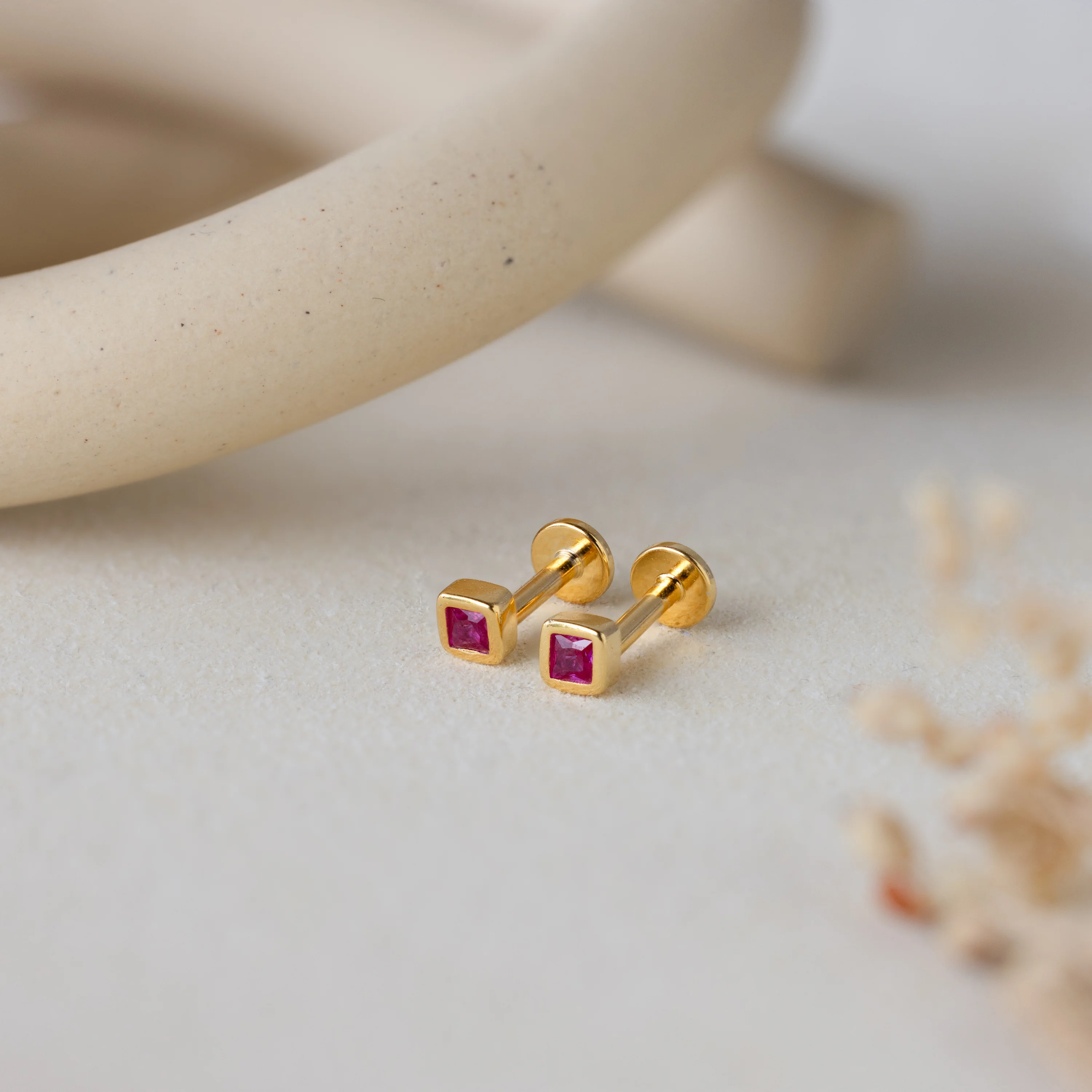 Square Bezel Ruby Flatback Studs
