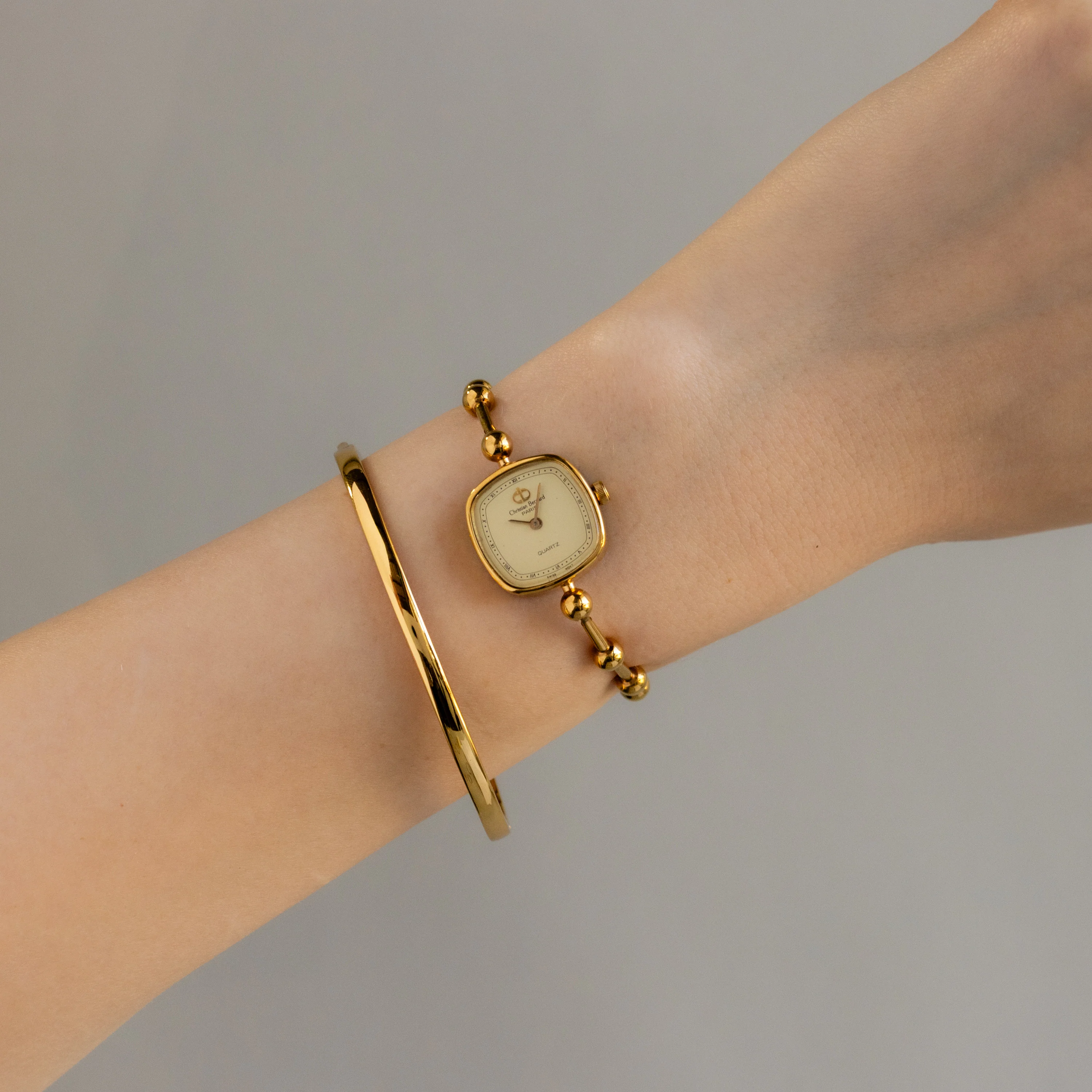 Vintage Christian Bernard Swiss Beaded Square Gold Watch